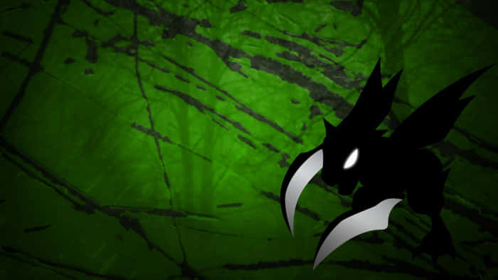 Black Shadow Scyther, green background, glowing white eyes, SD Desktop Wallpaper