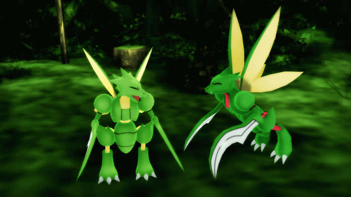 Scyther, green dragon-like, dark forest, SD Desktop Wallpaper