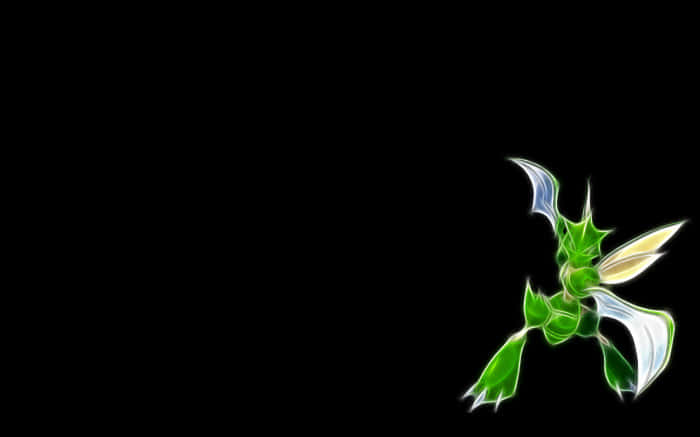 Glowing Scyther, green and white, stylized insect-like creature, SD Desktop Wallpaper