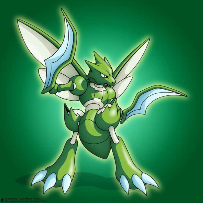 Glowing Green Scyther, green dragon-like Pokémon, white and blue wing blades, SD Desktop Wallpaper