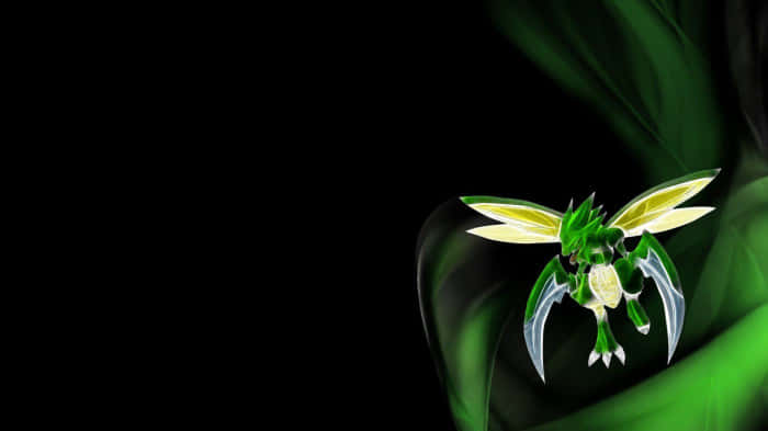 green glowing flying scyther, glowing green and yellow dragonfly-like creature, translucent wings, SD Desktop Wallpaper