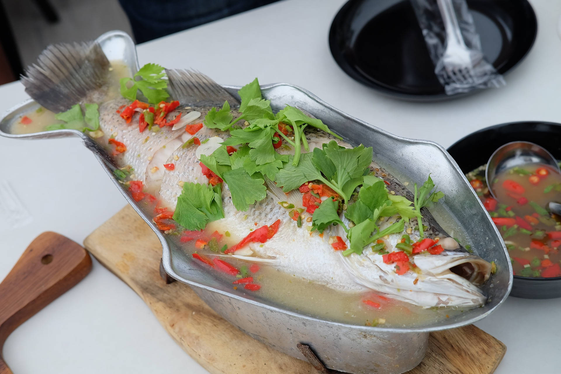 Spicy Vegetable Sea Bass, whole steamed fish, red chili, Full HD Desktop Wallpaper