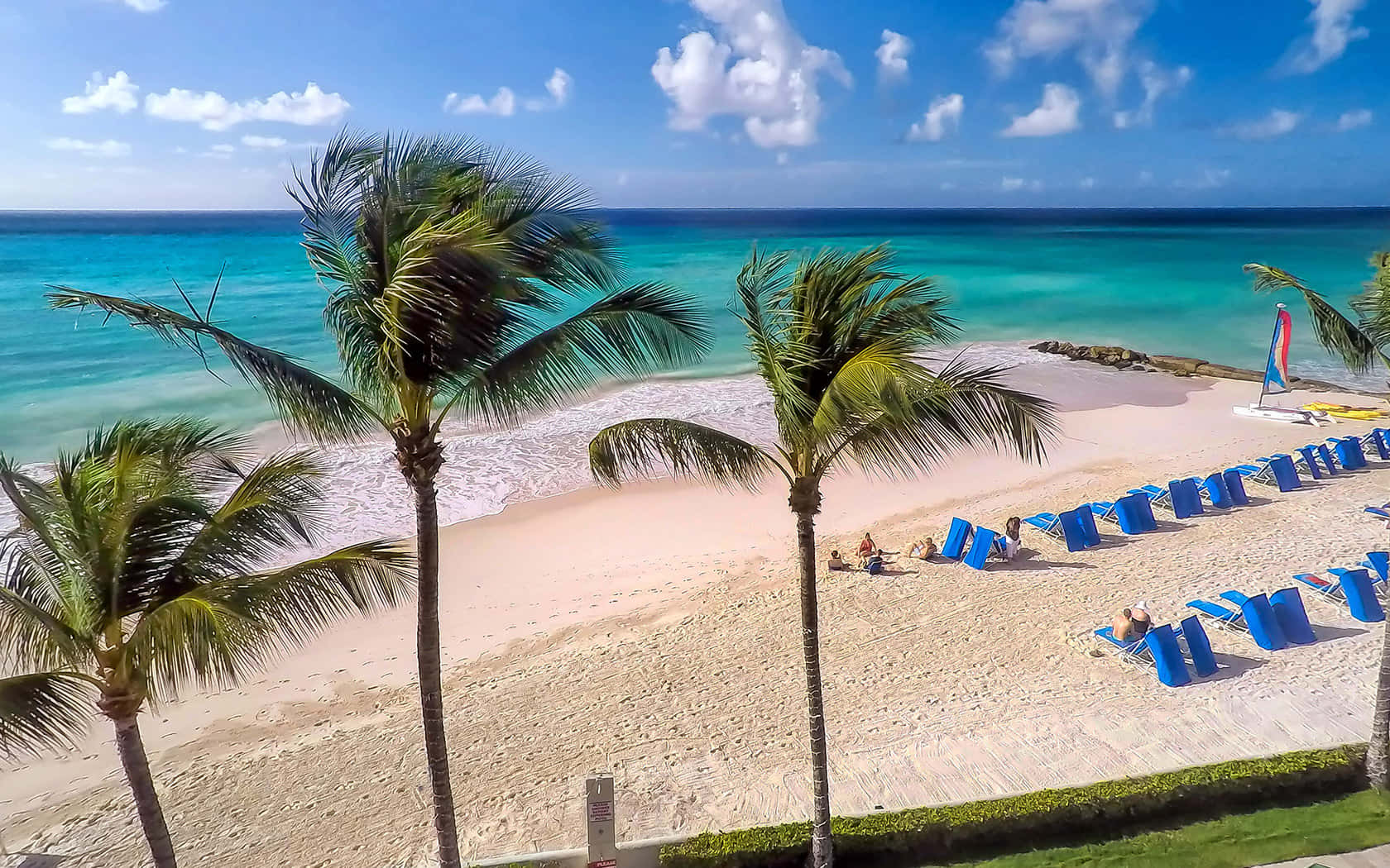 Sea Breeze, turquoise waters, blue lounge chairs, HD Desktop Wallpaper
