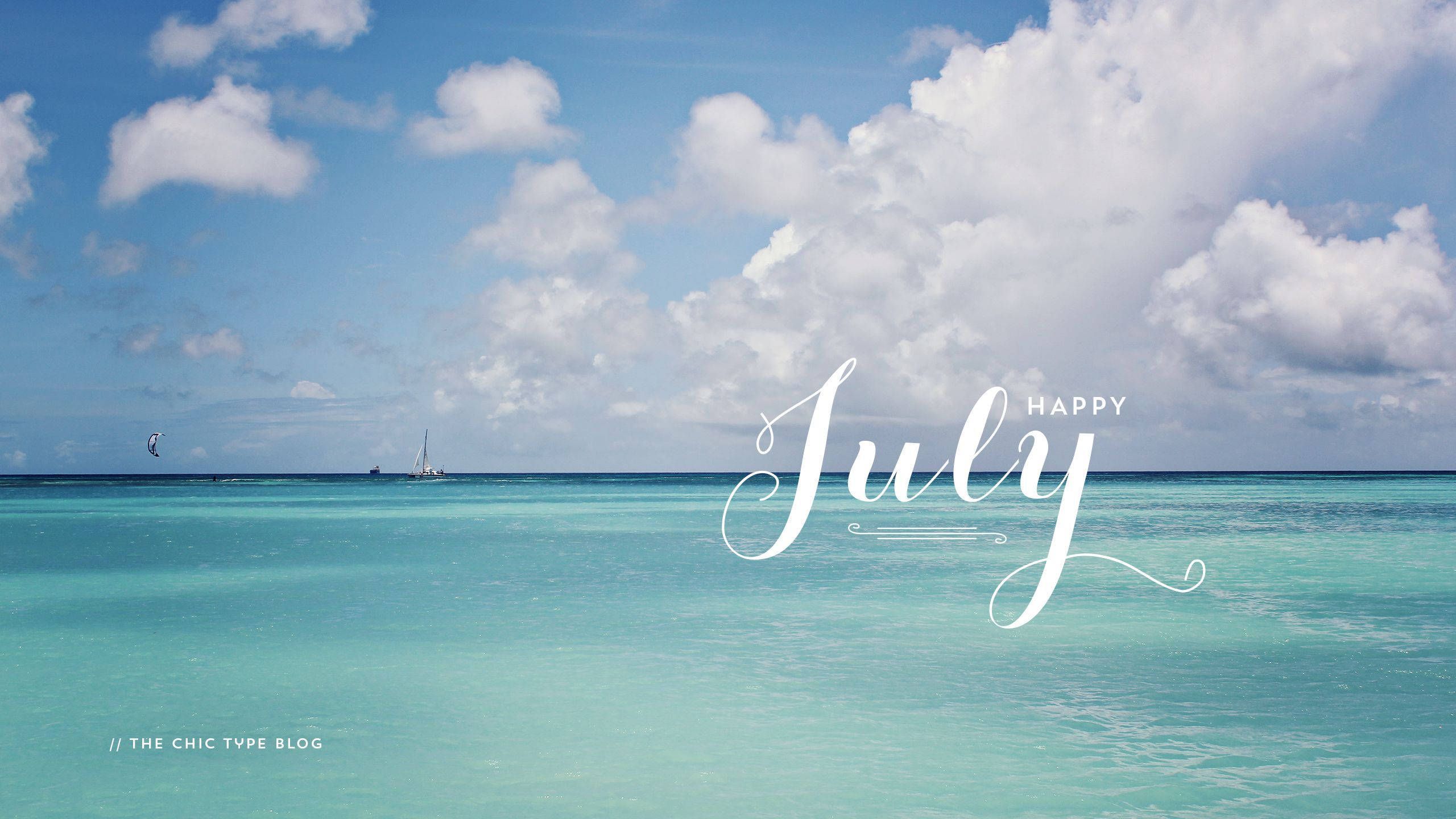 turquoise waters, fluffy white clouds, sailboat, 2K Desktop Wallpaper