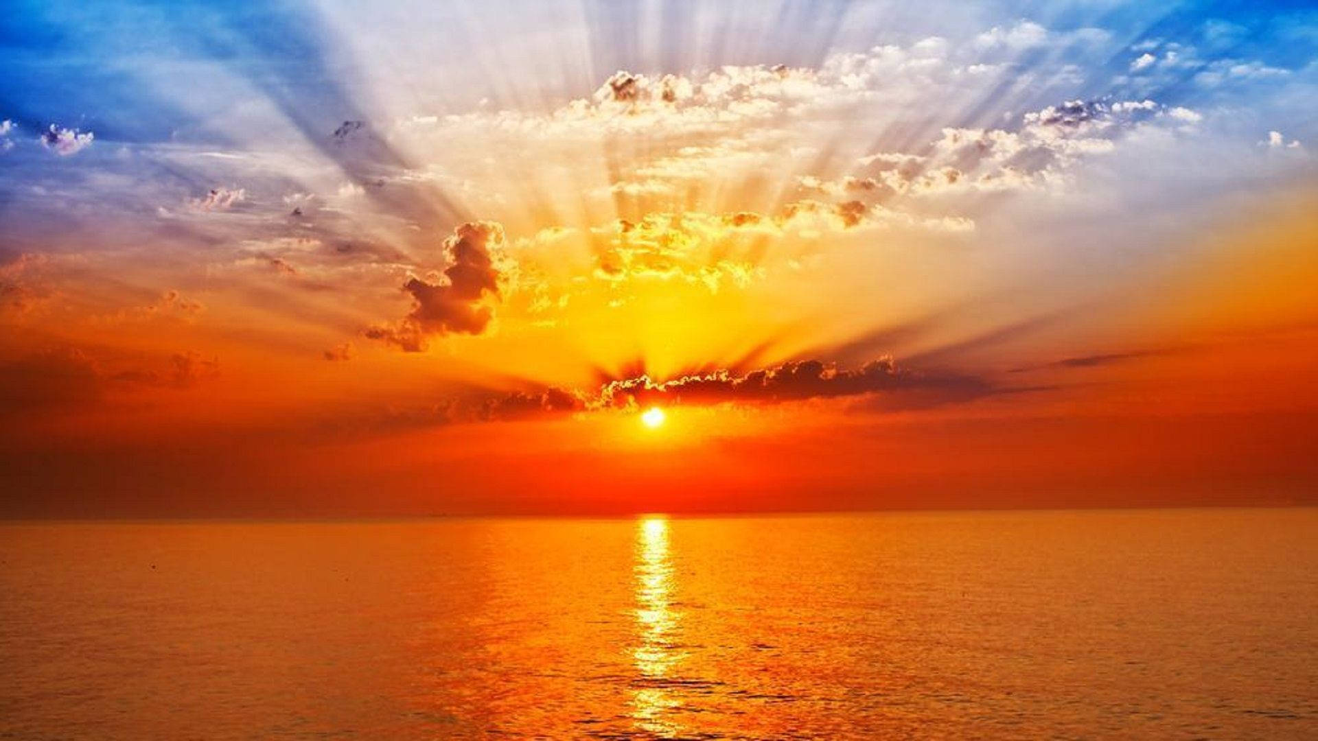 orange ocean, sunburst rays, sunset, Full HD Desktop Wallpaper