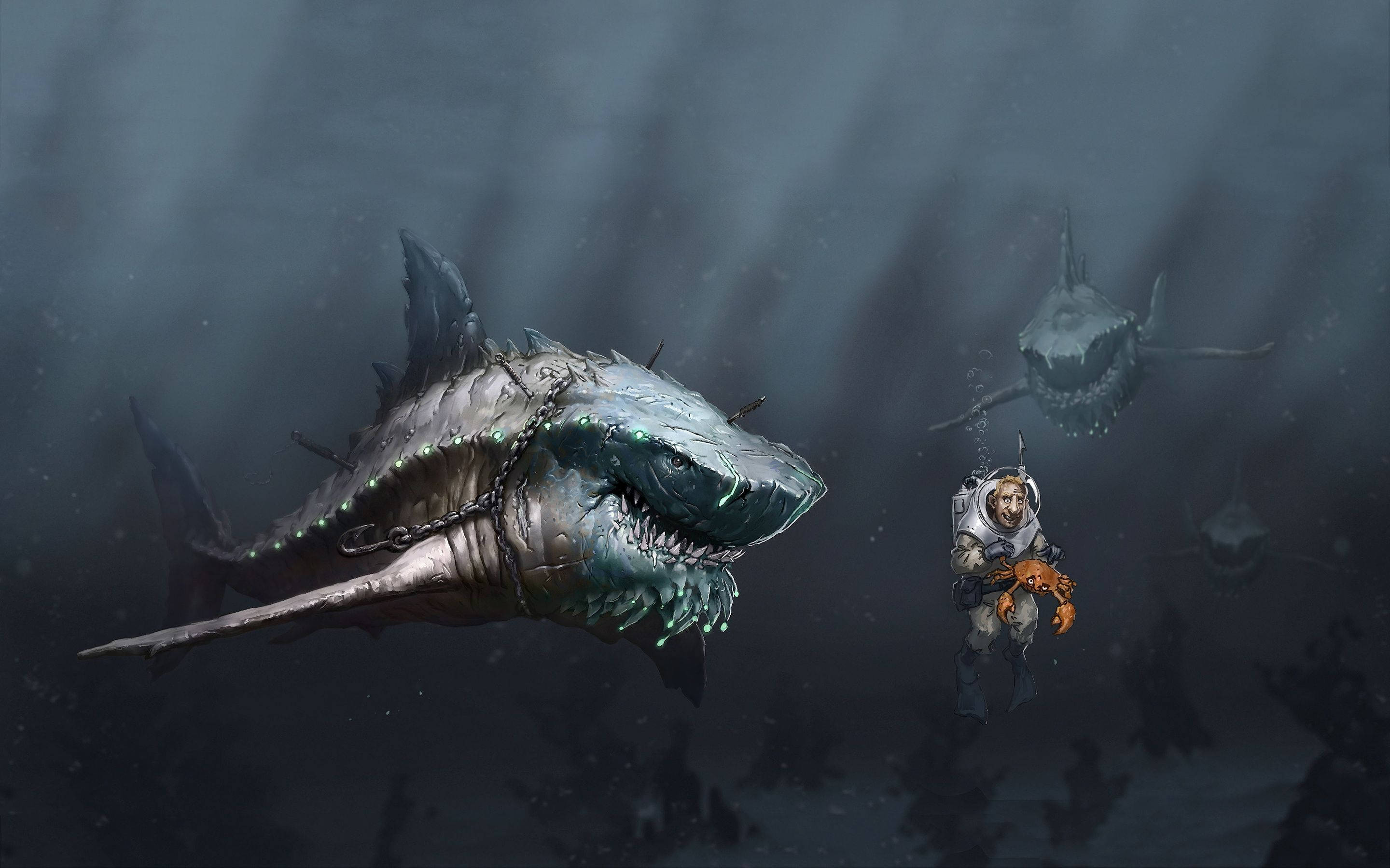 glowing orange crab, massive armored shark, glowing eyes, 2K Desktop Wallpaper