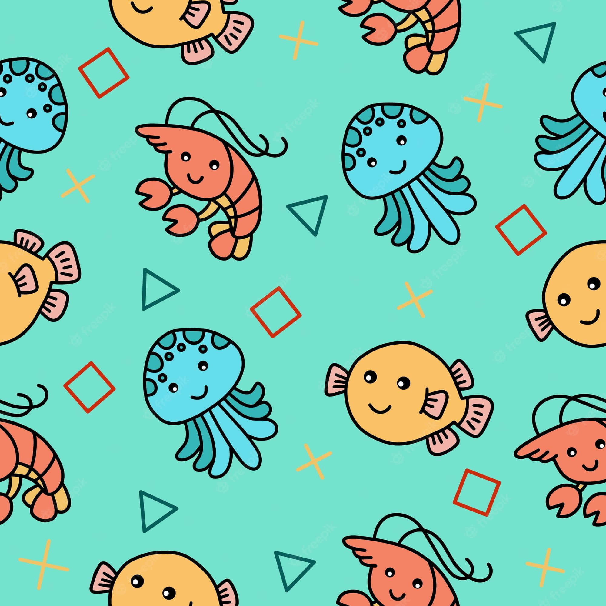 kawaii sea creatures, teal background, cartoon sea creatures, Full HD Desktop Wallpaper