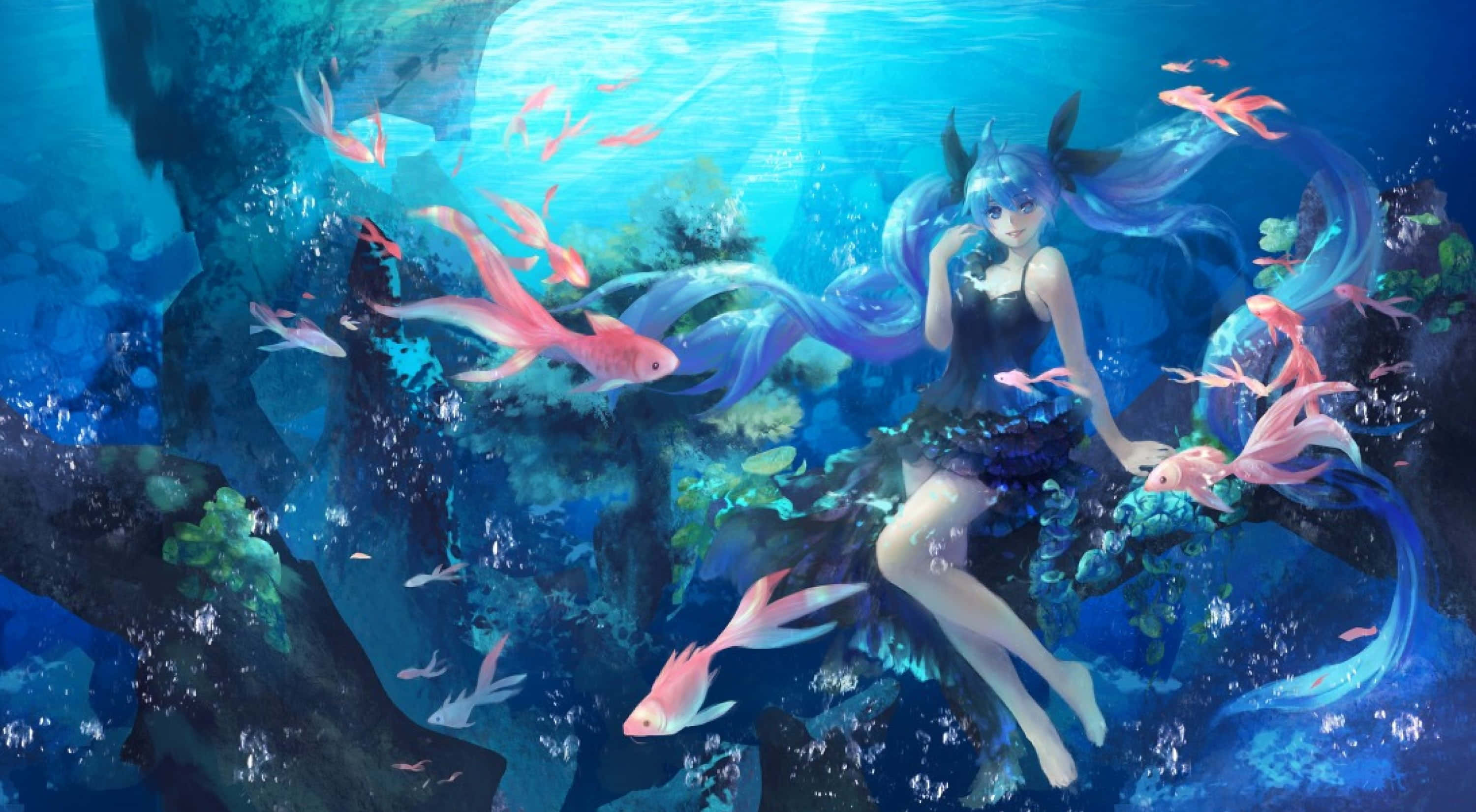 kawaii sea creatures, blue-haired anime girl, coral, 2K Desktop Wallpaper
