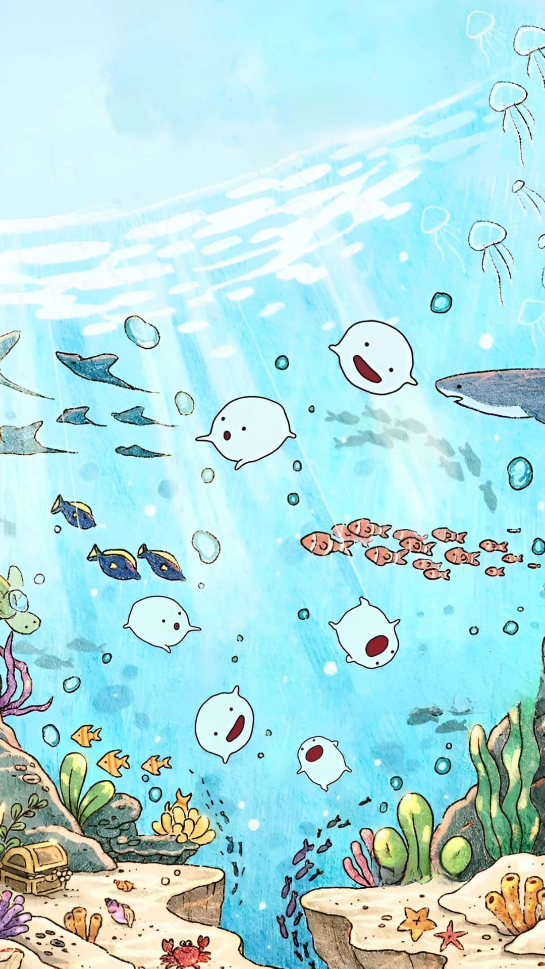 cartoon fish, jellyfish, shark, Full HD Phone Wallpaper