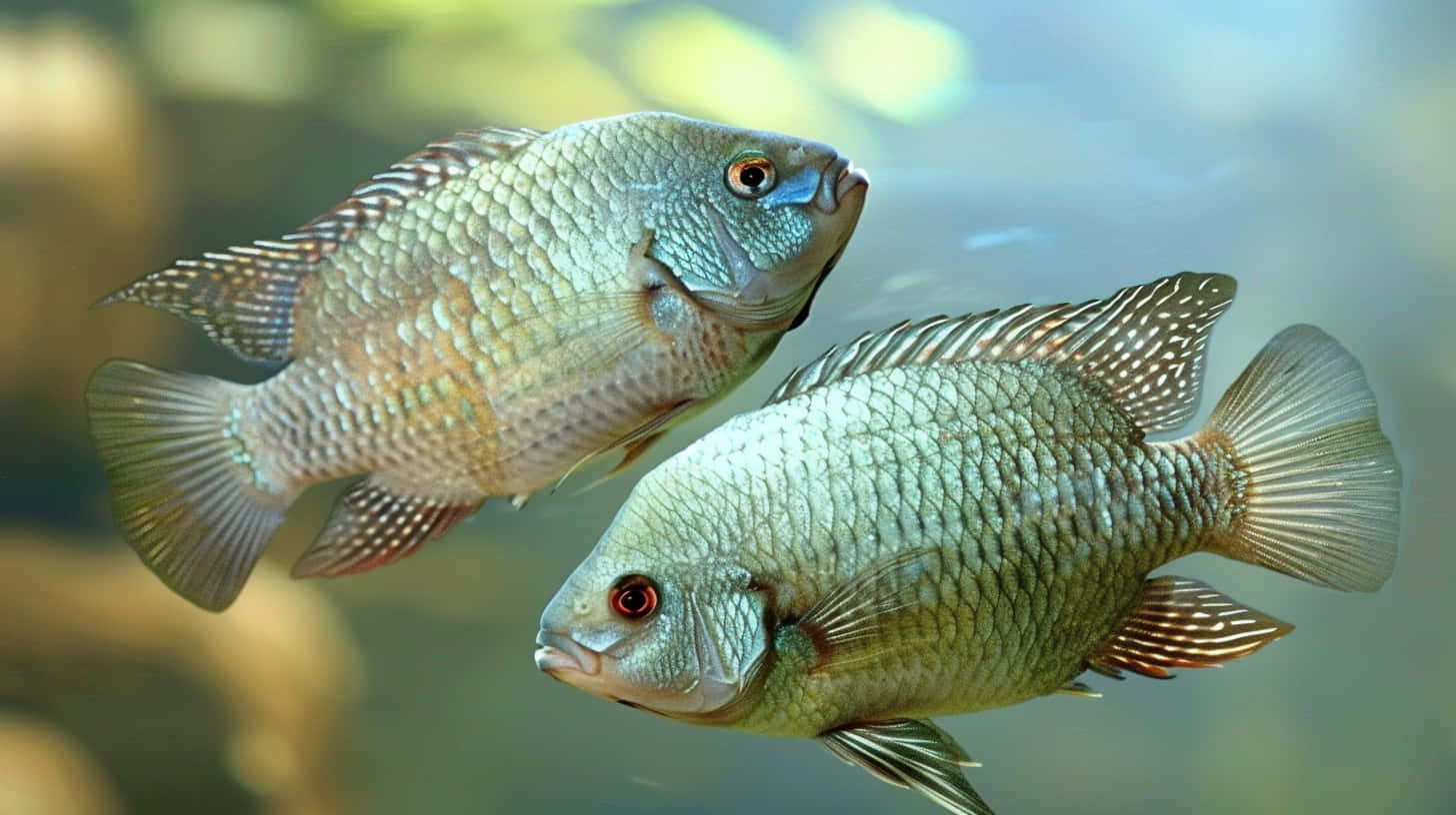 swimming tilapia pair, scale-patterned freshwater fish, clear water, HD Desktop Wallpaper