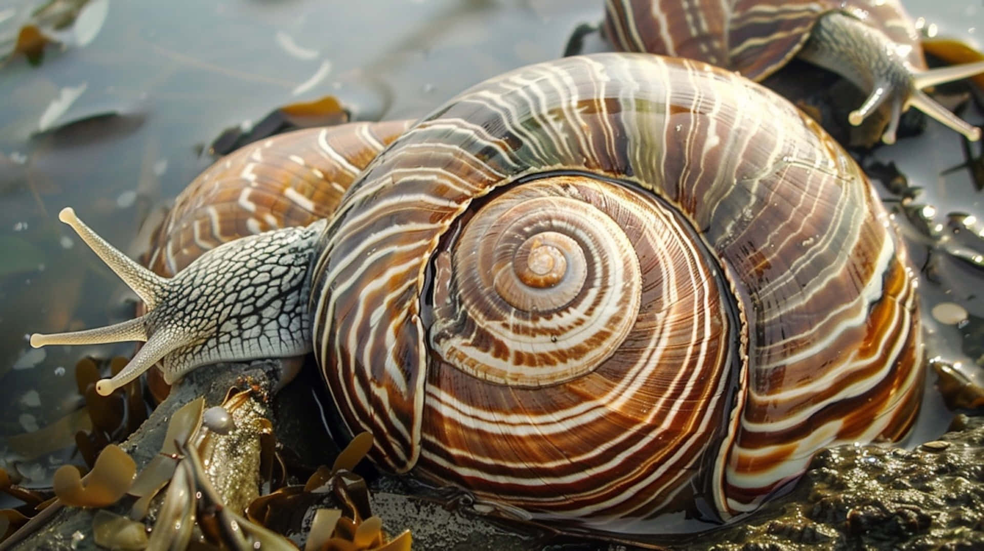 volute snail, spiraled brown and white shell, wet seaweed, Full HD Desktop Wallpaper