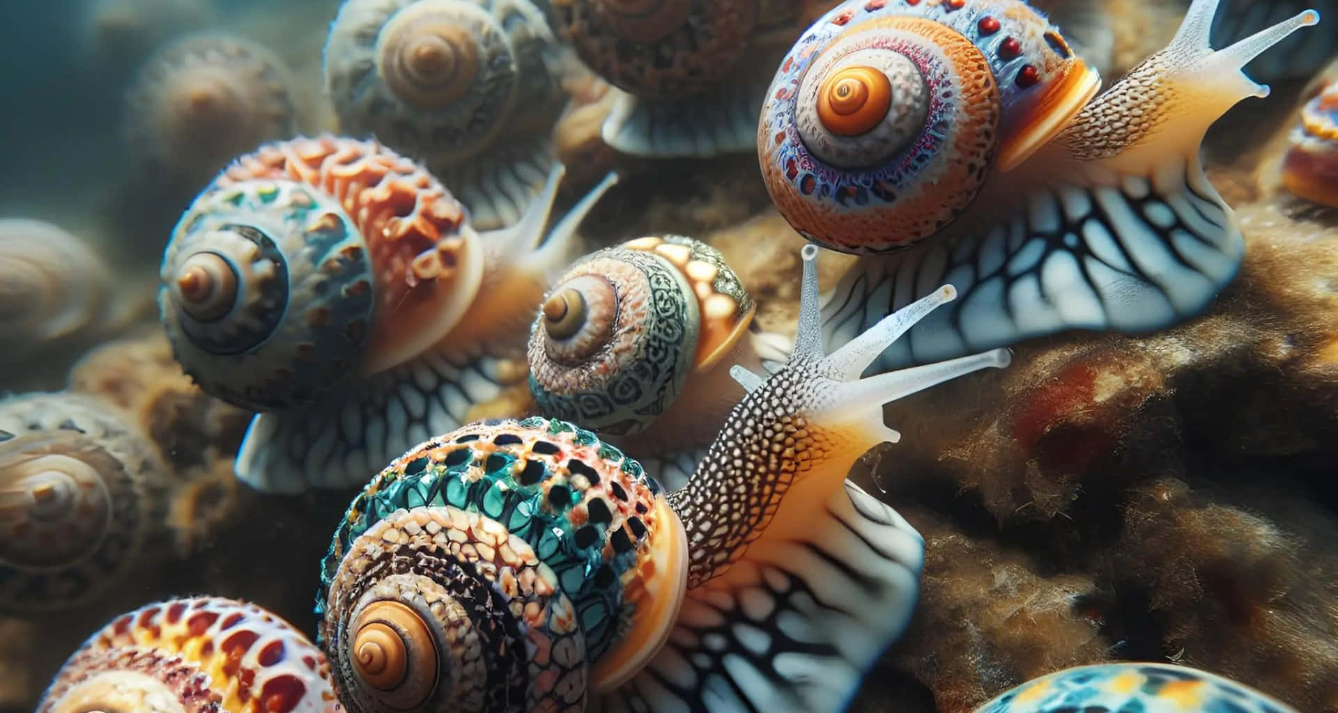 colorful sea snails, underwater scene, intricately patterned shells, Full HD Desktop Wallpaper