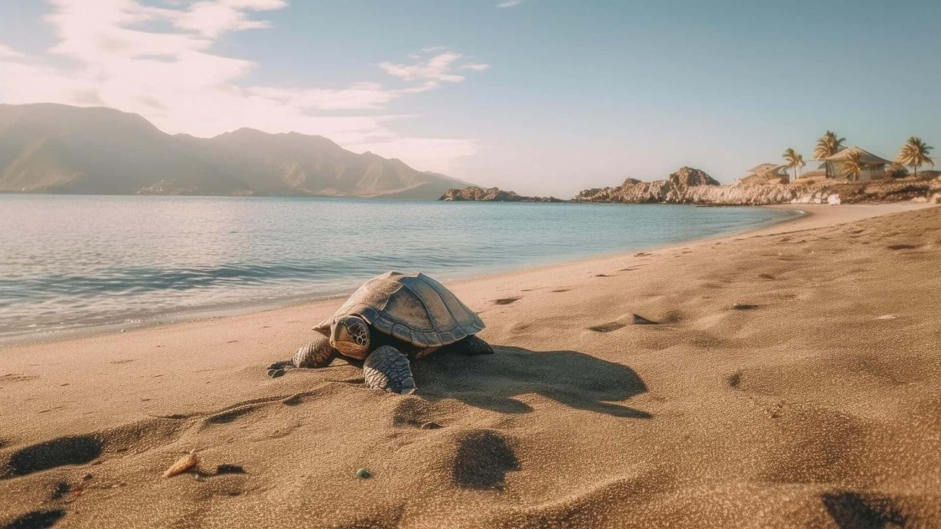 sea turtle, sandy beach, distant mountains, Full HD Desktop Wallpaper