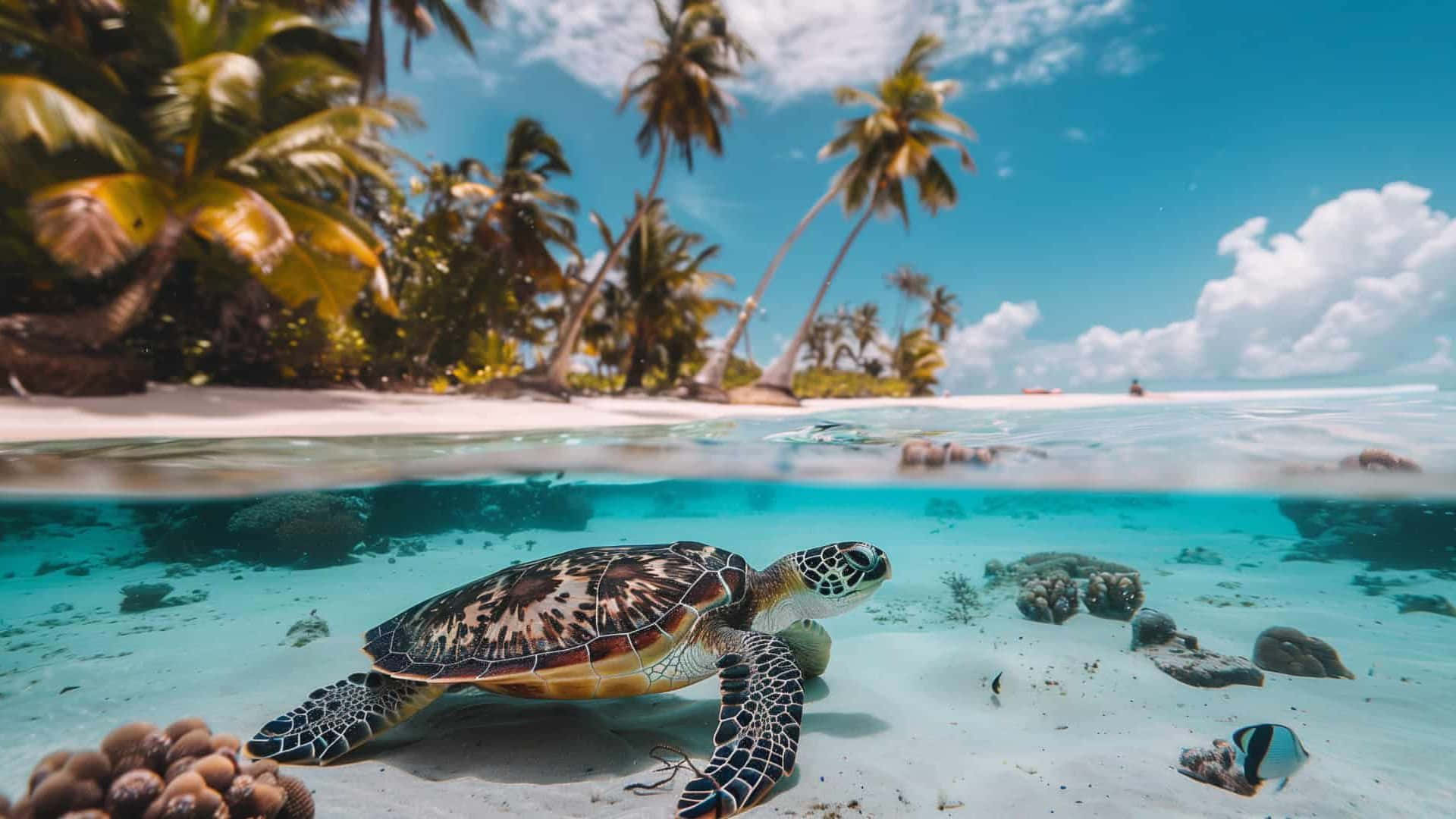 sea turtle, turquoise waters, coral, Full HD Desktop Wallpaper