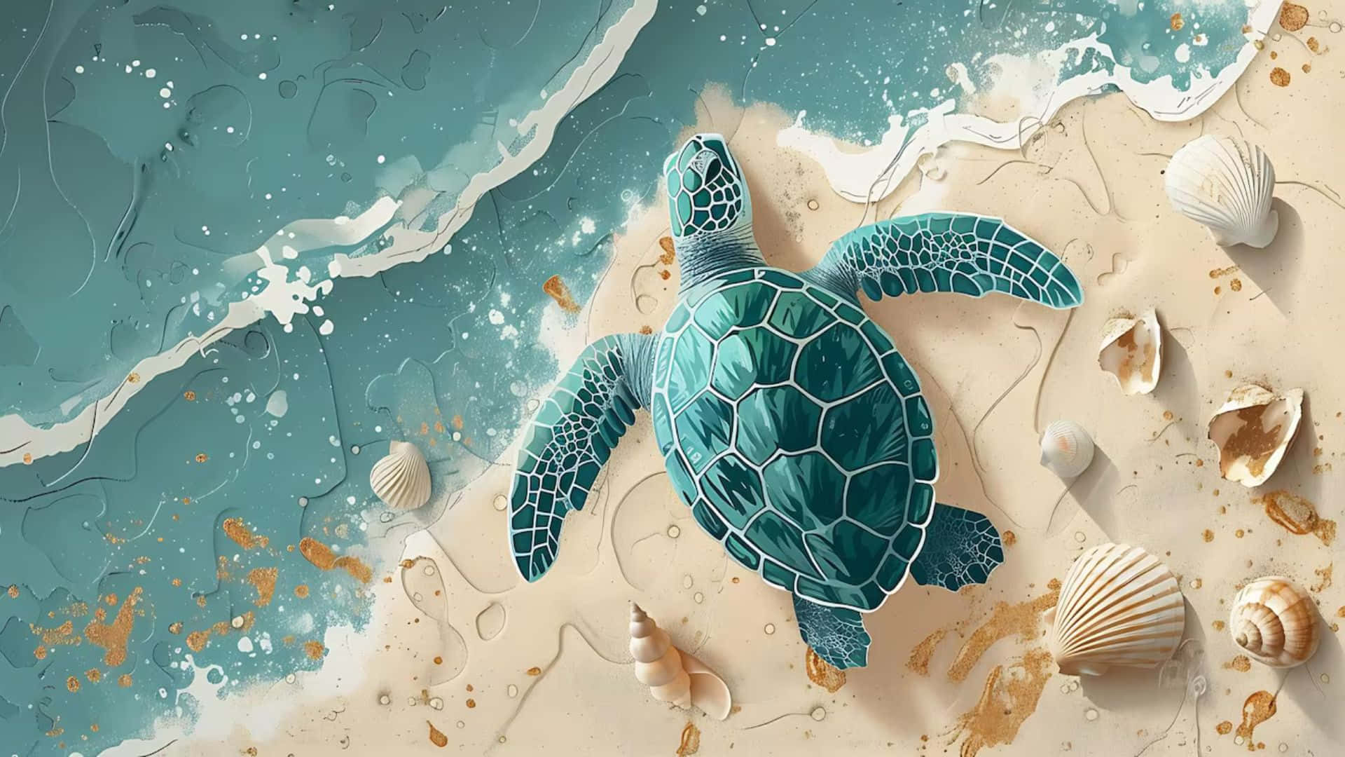 teal sea turtle, sandy shore, turquoise waves, Full HD Desktop Wallpaper