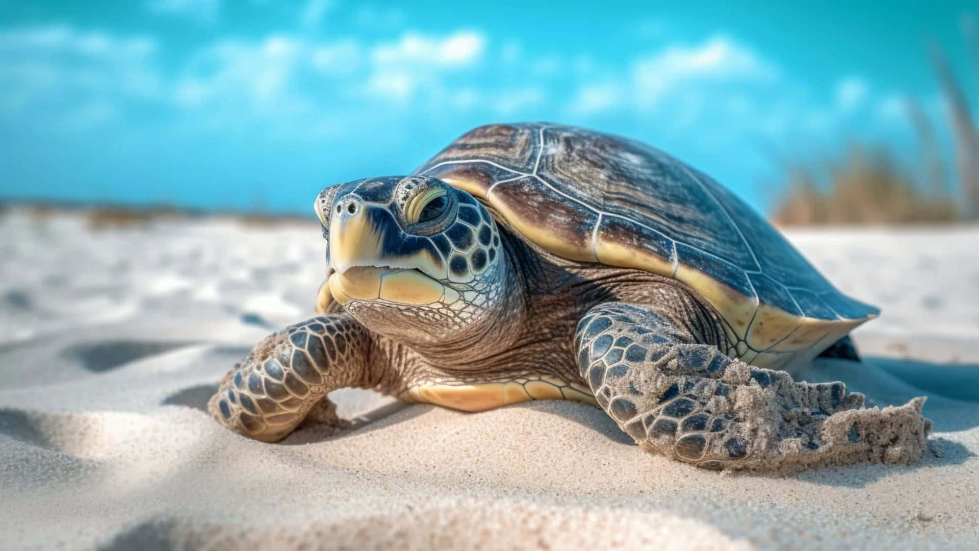 green sea turtle, sandy beach, sunlit sand, Full HD Desktop Wallpaper