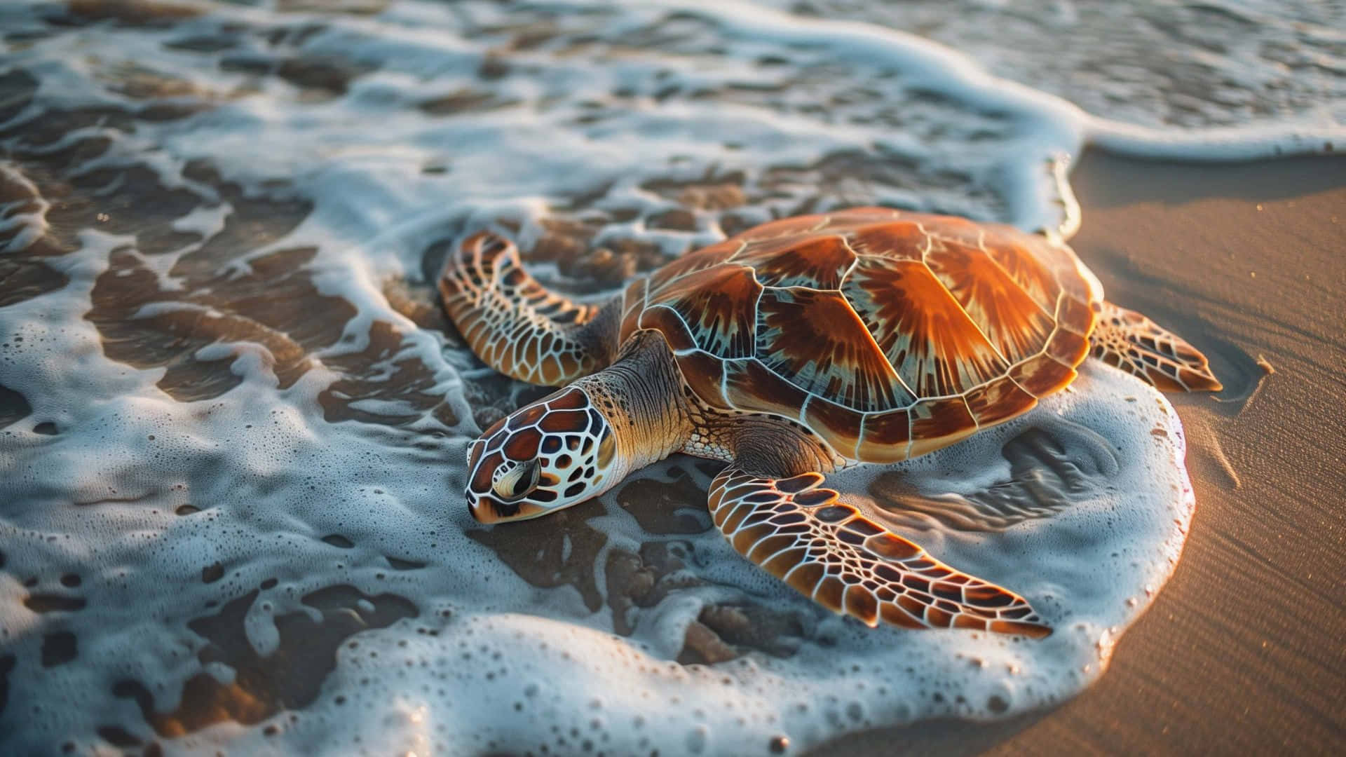 green sea turtle, wet sand, ocean waves, Full HD Desktop Wallpaper