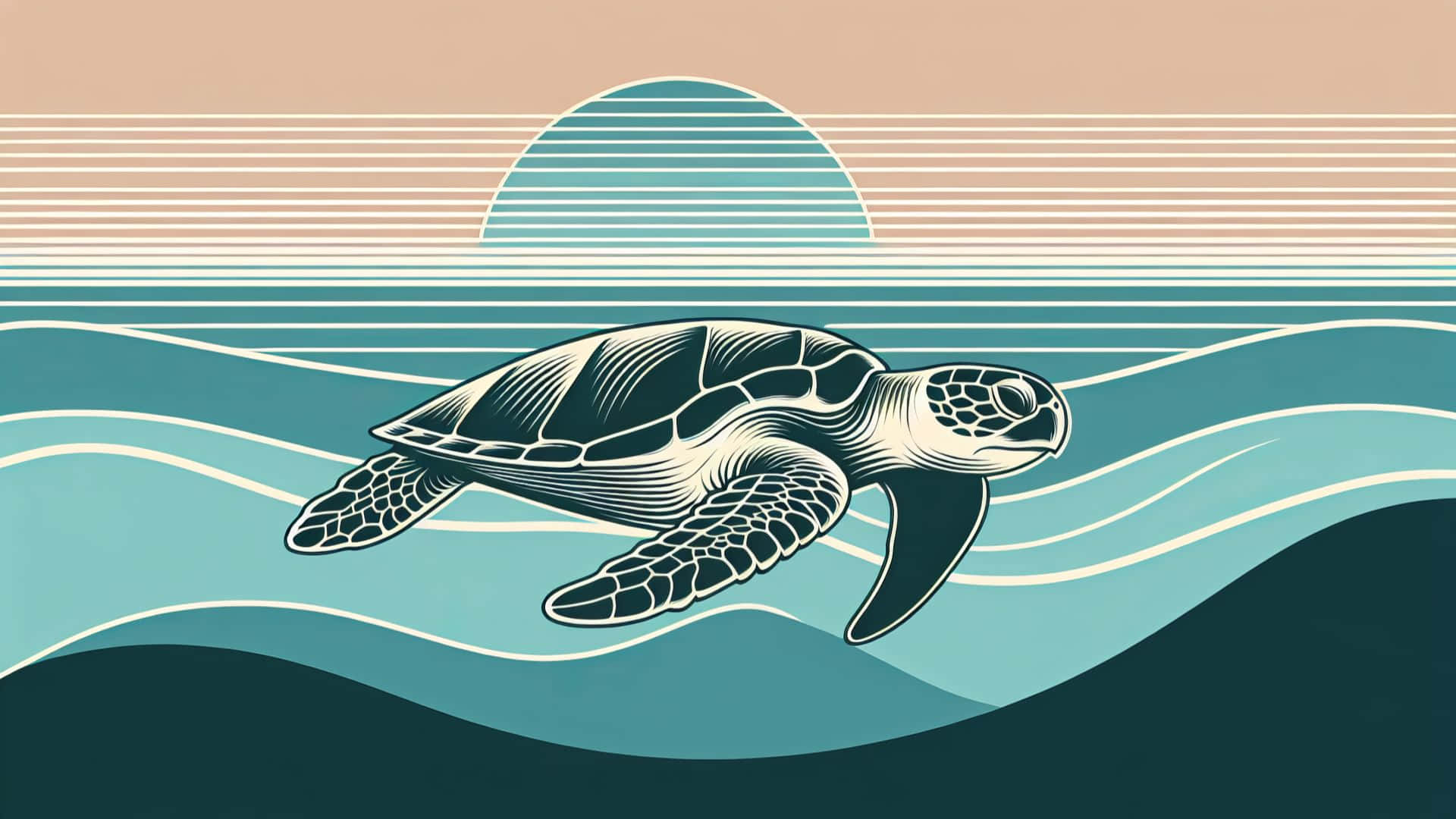 sea turtle, teal waves, striped sunset horizon, Full HD Desktop Wallpaper