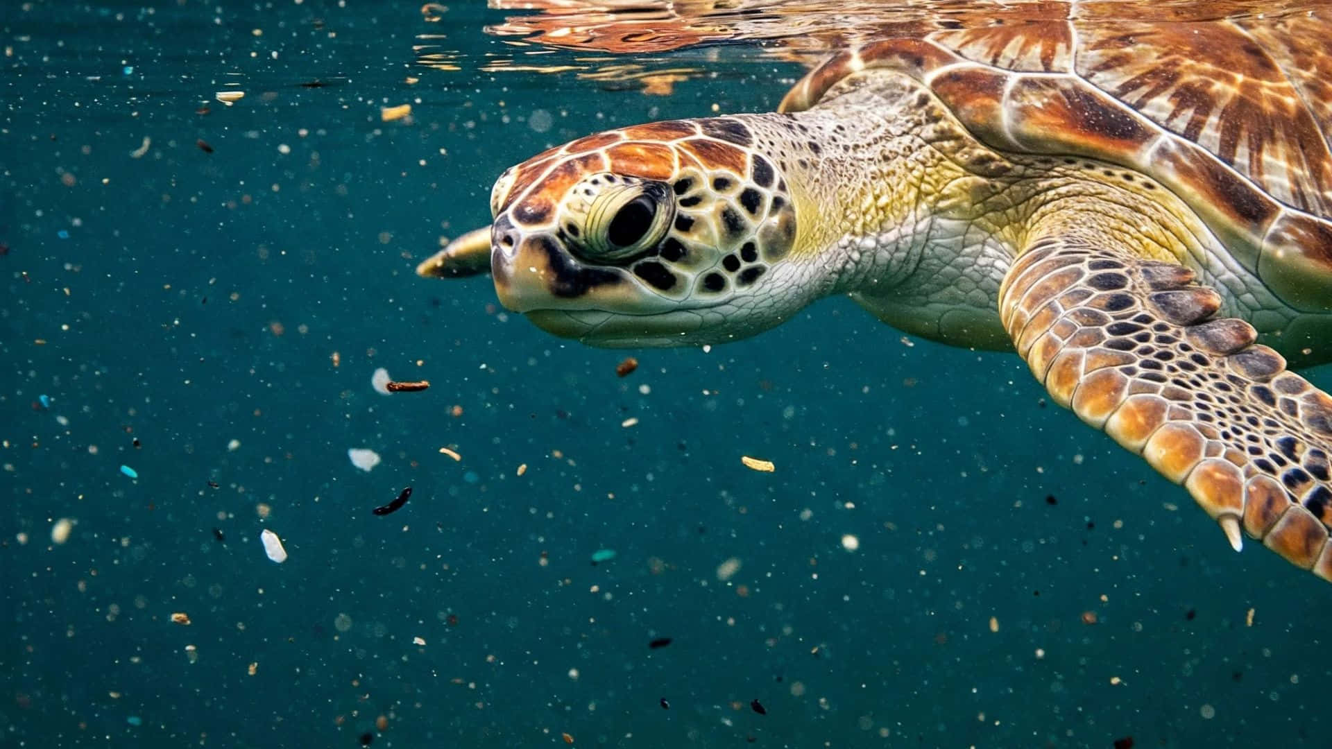 sea turtle, murky blue water, floating plastic debris, Full HD Desktop Wallpaper