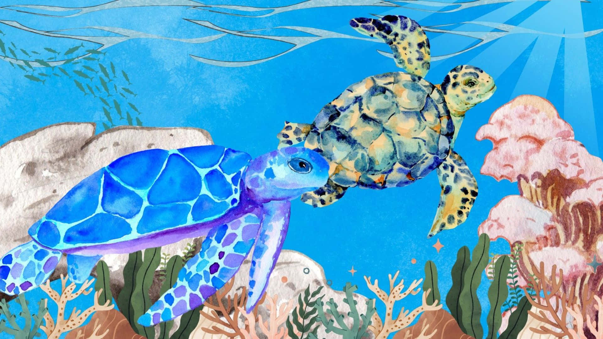 sea turtle, watercolor, sunlit coral reef, Full HD Desktop Wallpaper