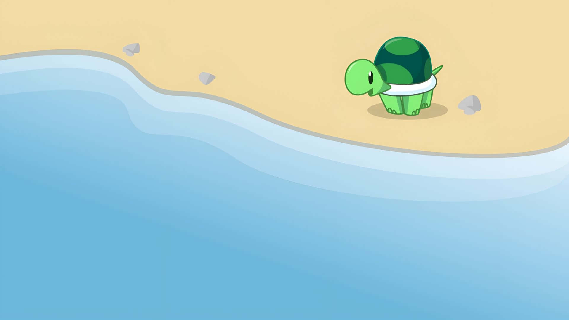 cute green cartoon turtle, white stripe, sandy beach, Full HD Desktop Wallpaper