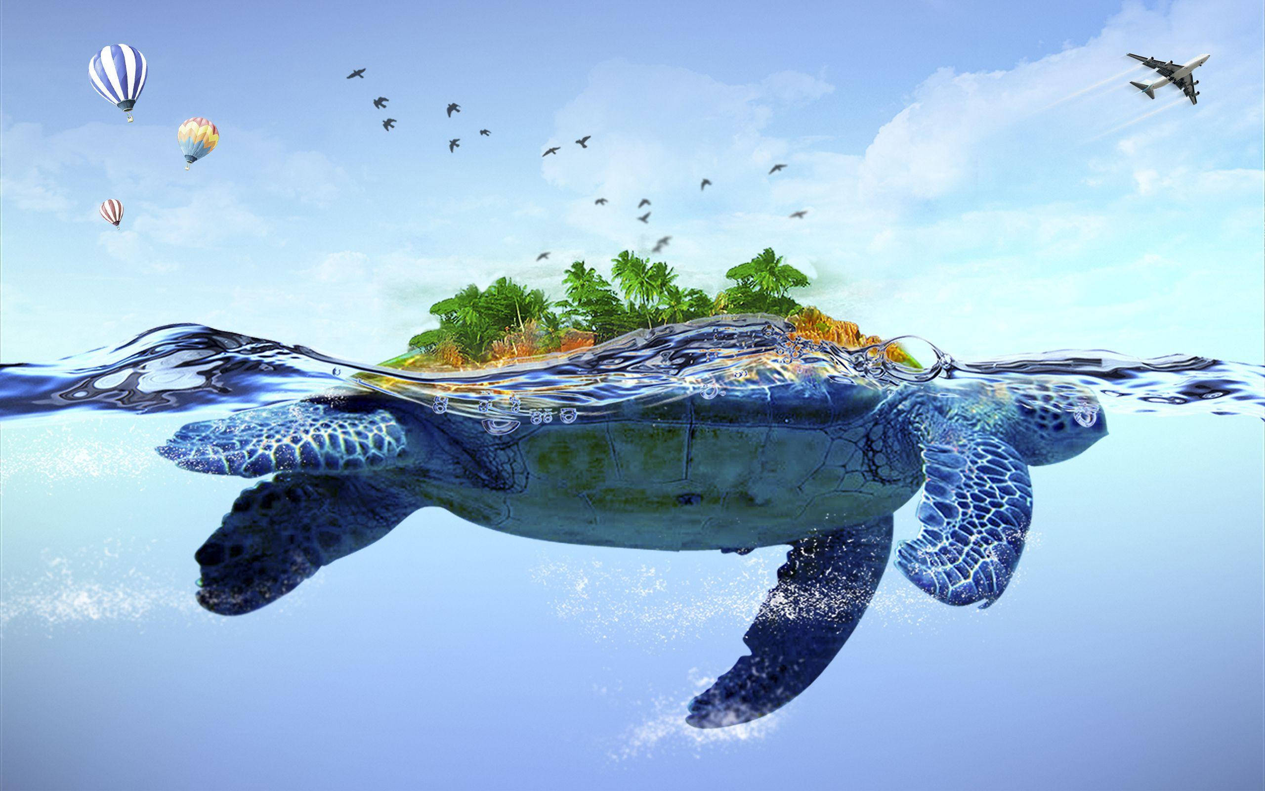floating sea turtle, giant sea turtle, lush tropical island, 2K Desktop Wallpaper
