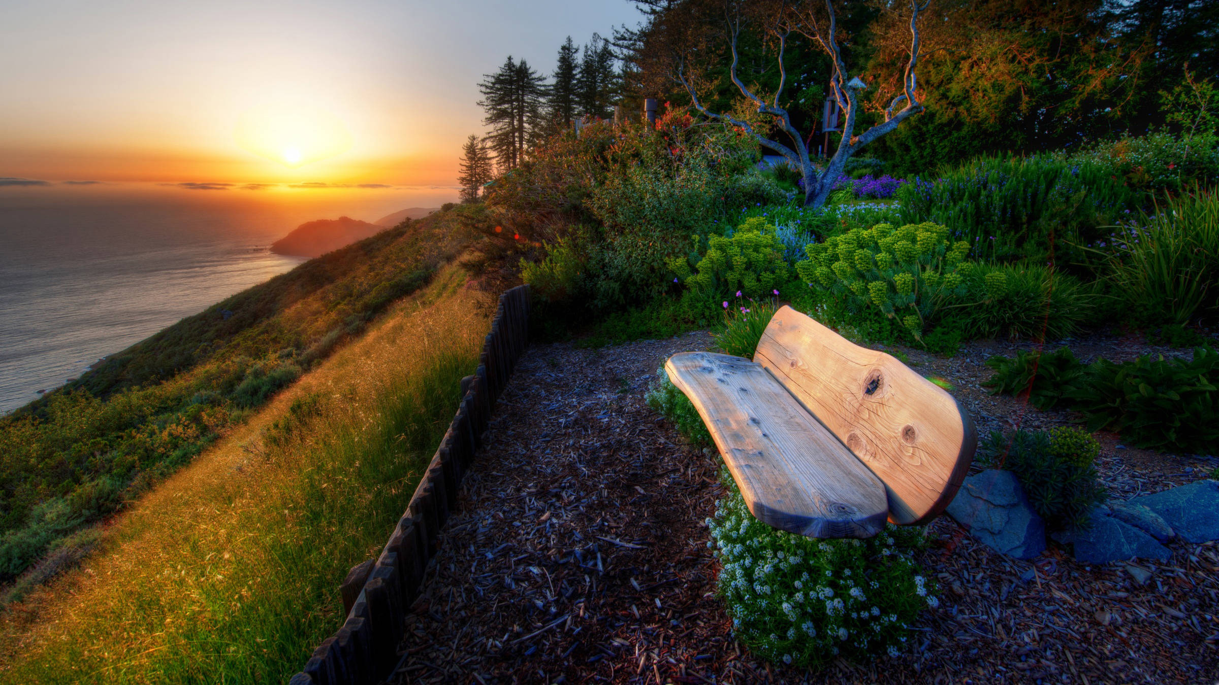 sea shore view, coastal cliffside garden, sunset, Full HD Desktop Wallpaper