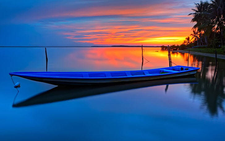 kayak boat, fiery sunset sky, glassy water, SD Desktop Wallpaper