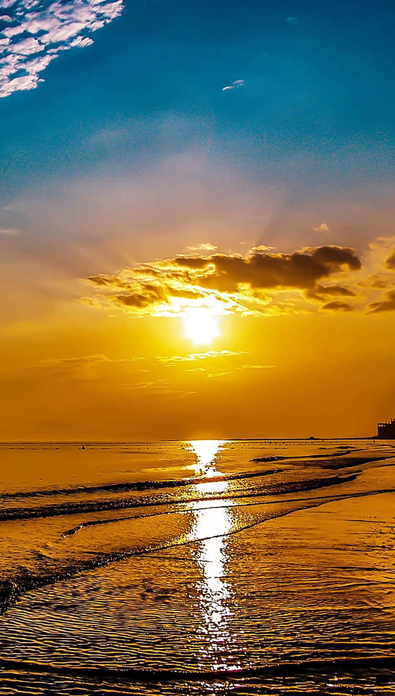Golden sunset, calm ocean waves, wet sand, HD Phone Wallpaper