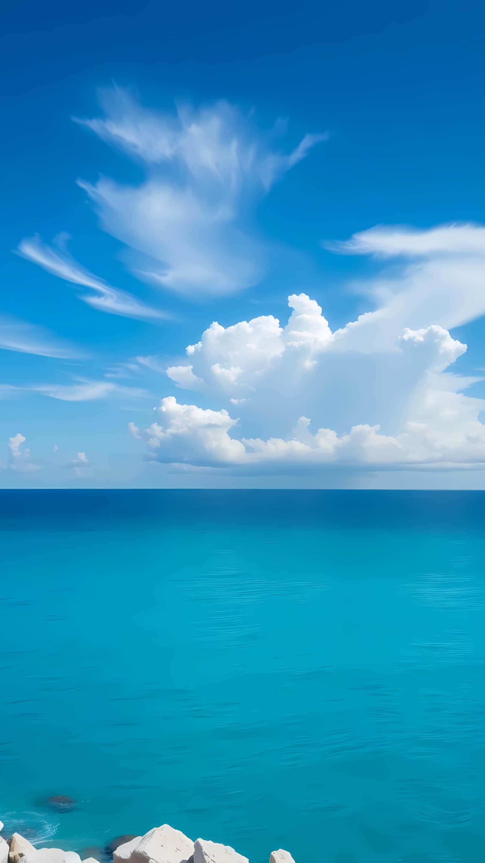 tropical blue ocean, cloudy sky, fluffy white clouds, 2K Phone Wallpaper