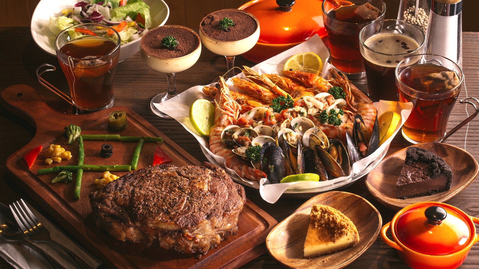 Seafood With Dessert, seared steak, seafood clams, Full HD Desktop Wallpaper