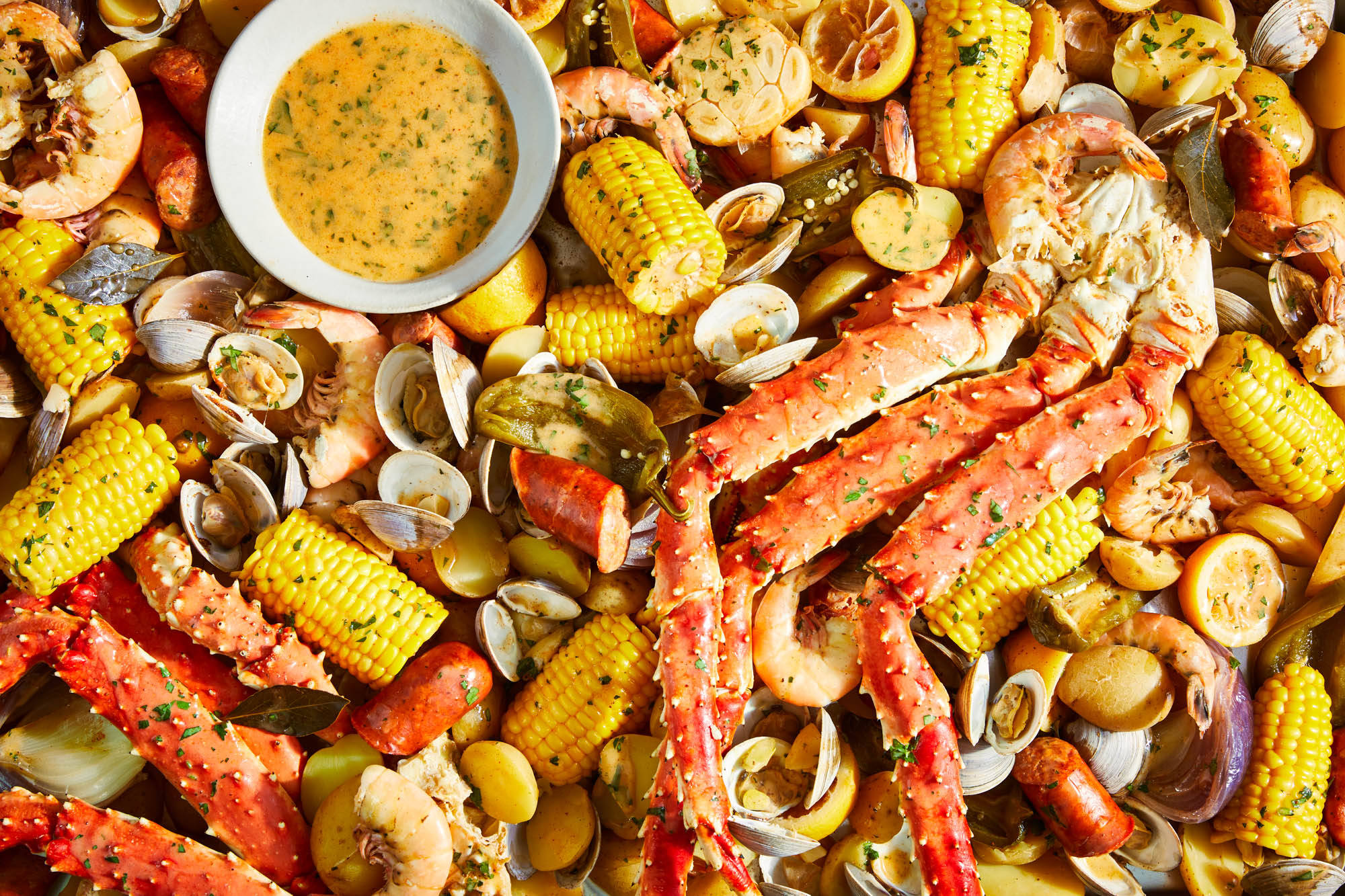 crab leg, corn, seafood boil, Full HD Desktop Wallpaper