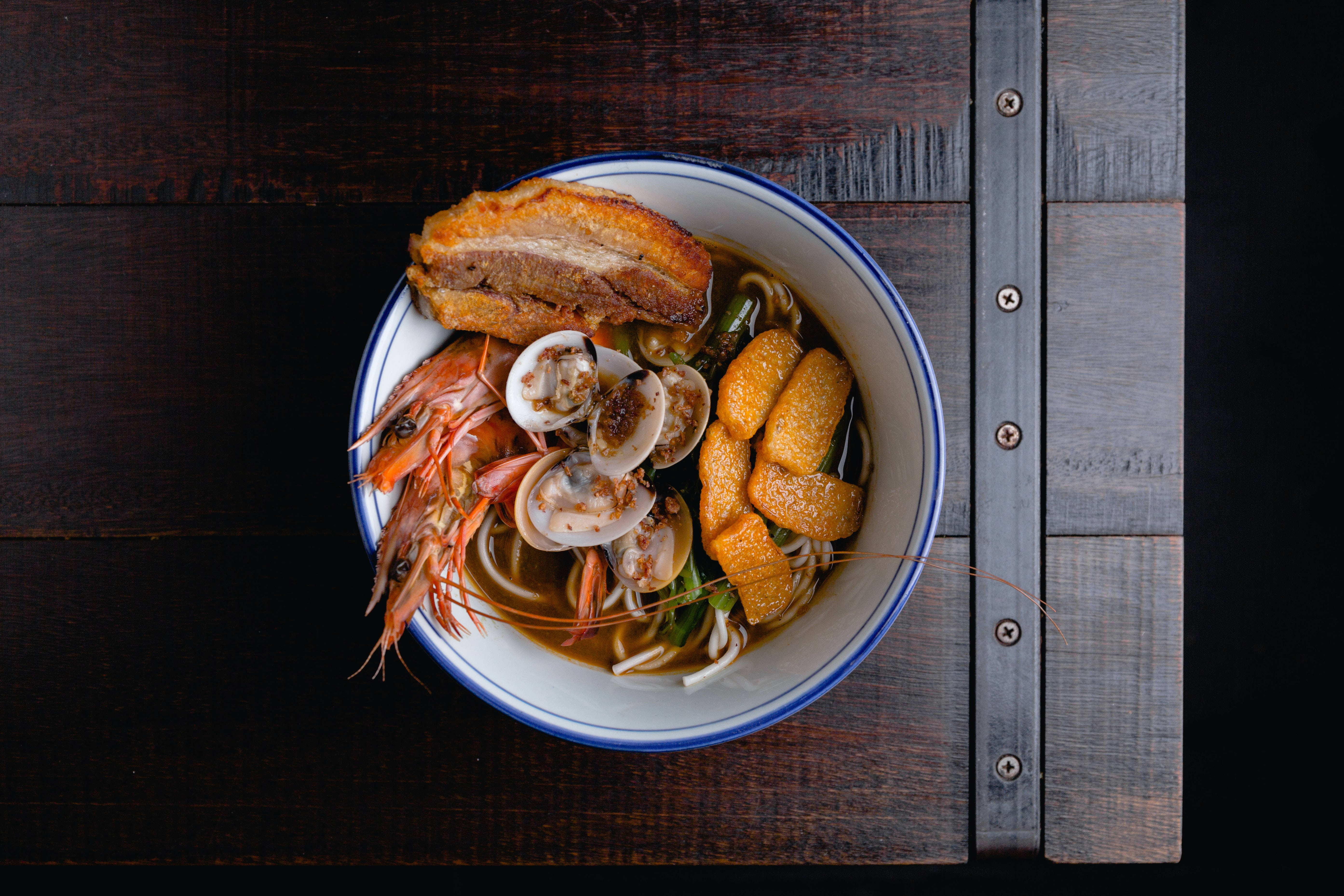 prawns, scallops, curry noodle soup, 5K Desktop Wallpaper
