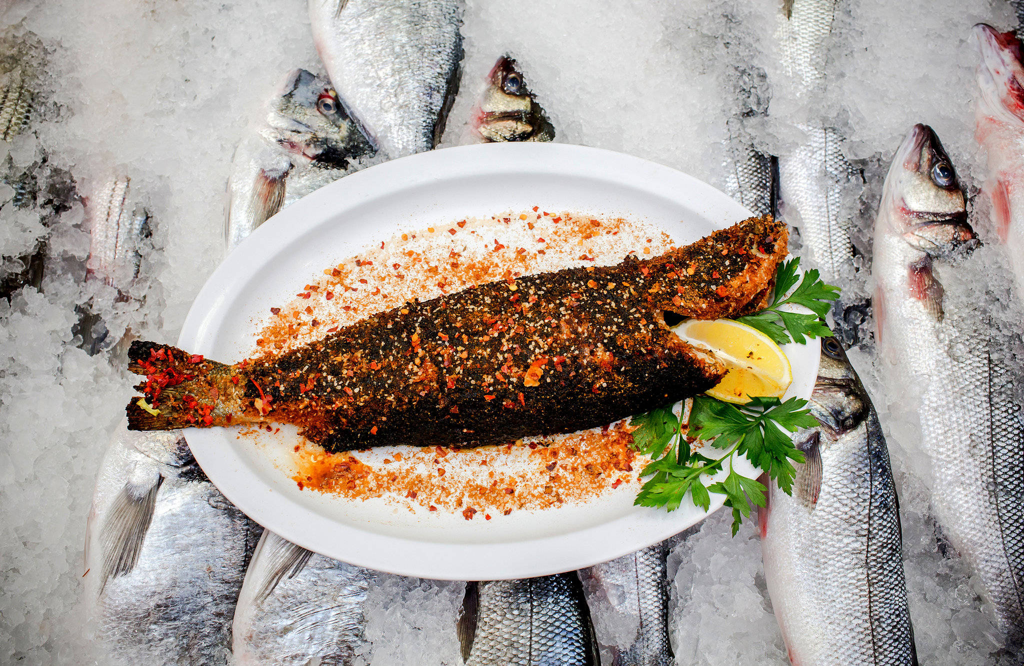 Seafood Milk Fish, grilled fish, red pepper flakes, Full HD Desktop Wallpaper