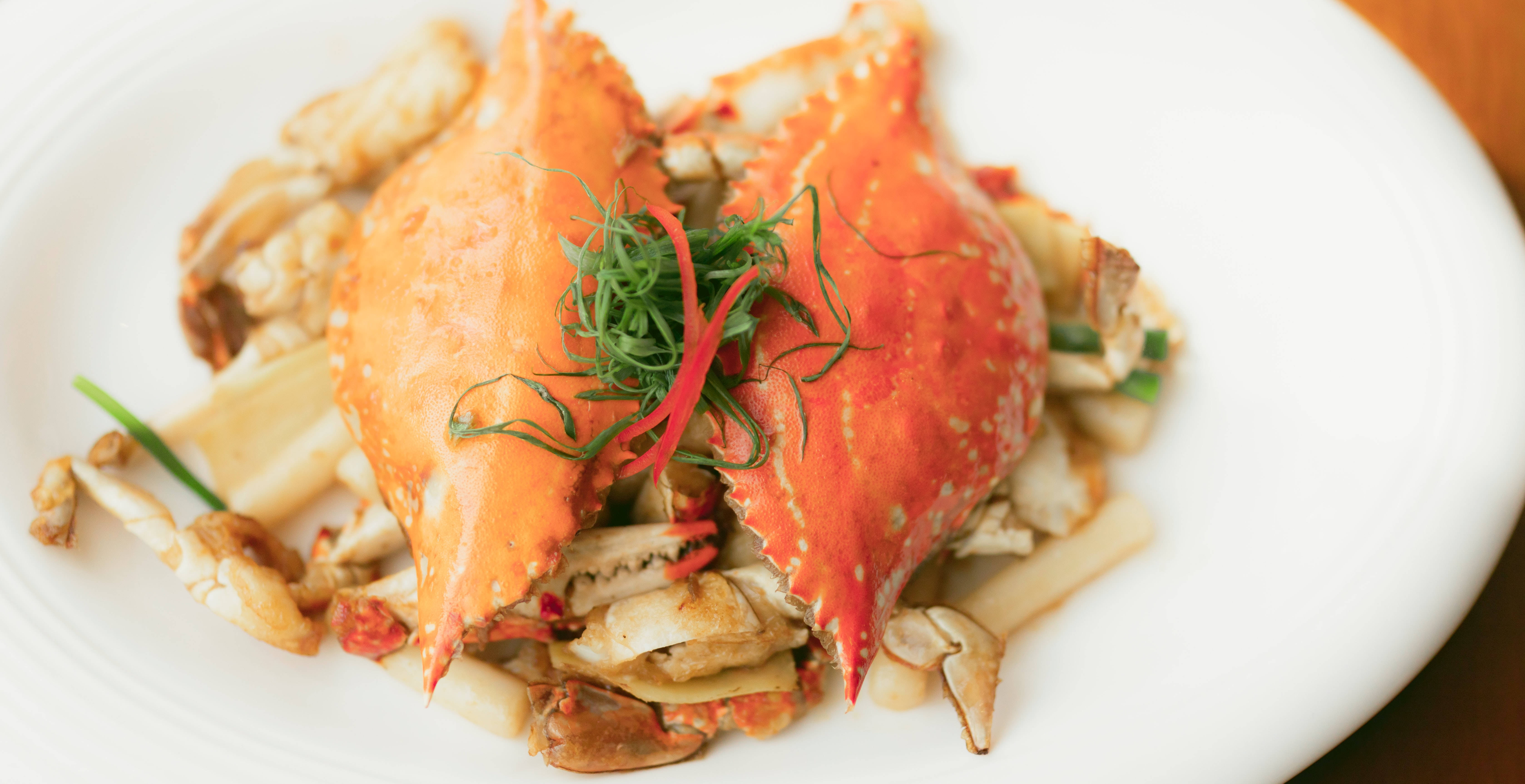 king crab, orange crab shell, sautéed mushrooms and vegetables, 5K Desktop Wallpaper