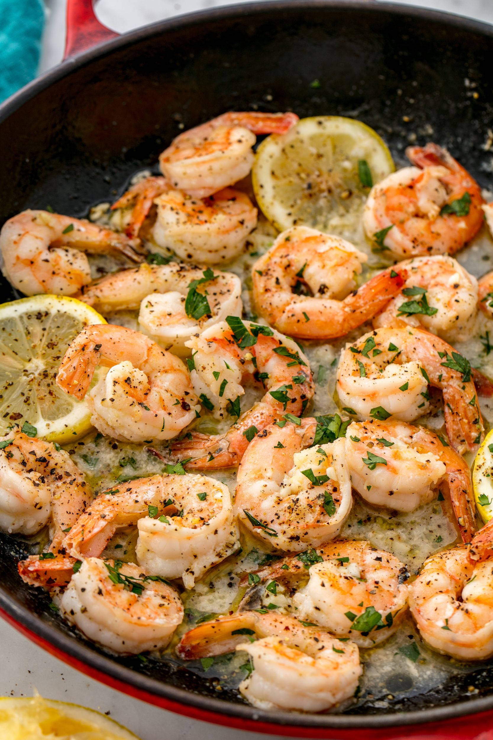 shrimp, skillet, lemon slices, Full HD Phone Wallpaper