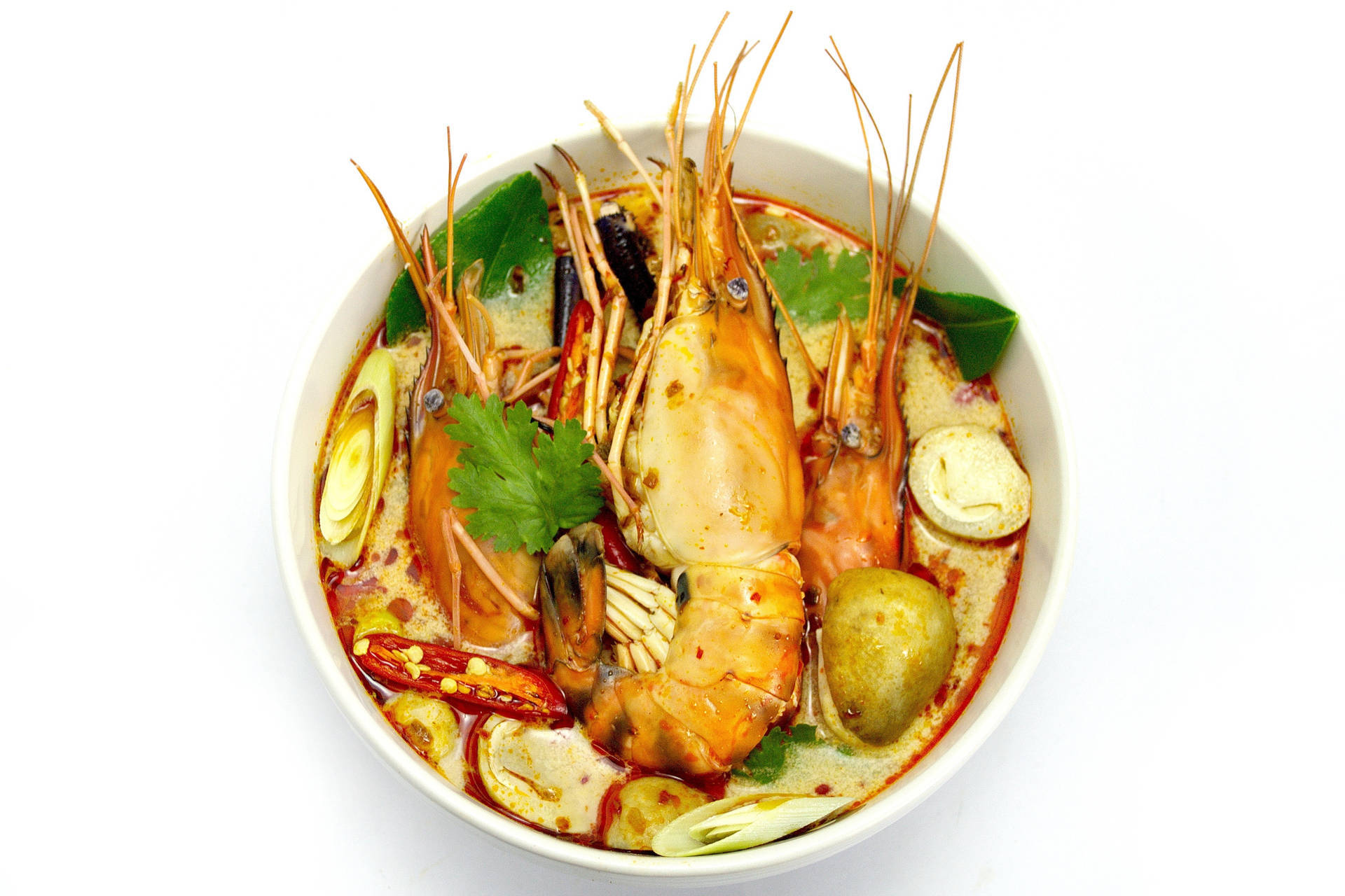tom yum soup, big prawns, chili peppers, Full HD Desktop Wallpaper