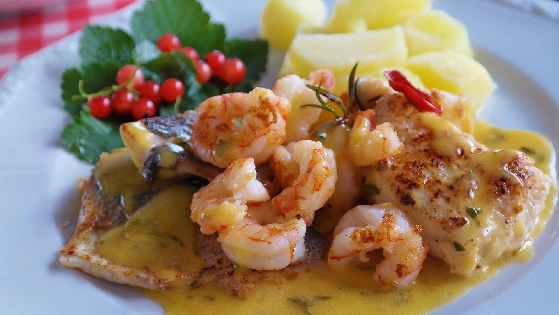 fish fillet, scampi shrimp, creamy sauce, Full HD Desktop Wallpaper