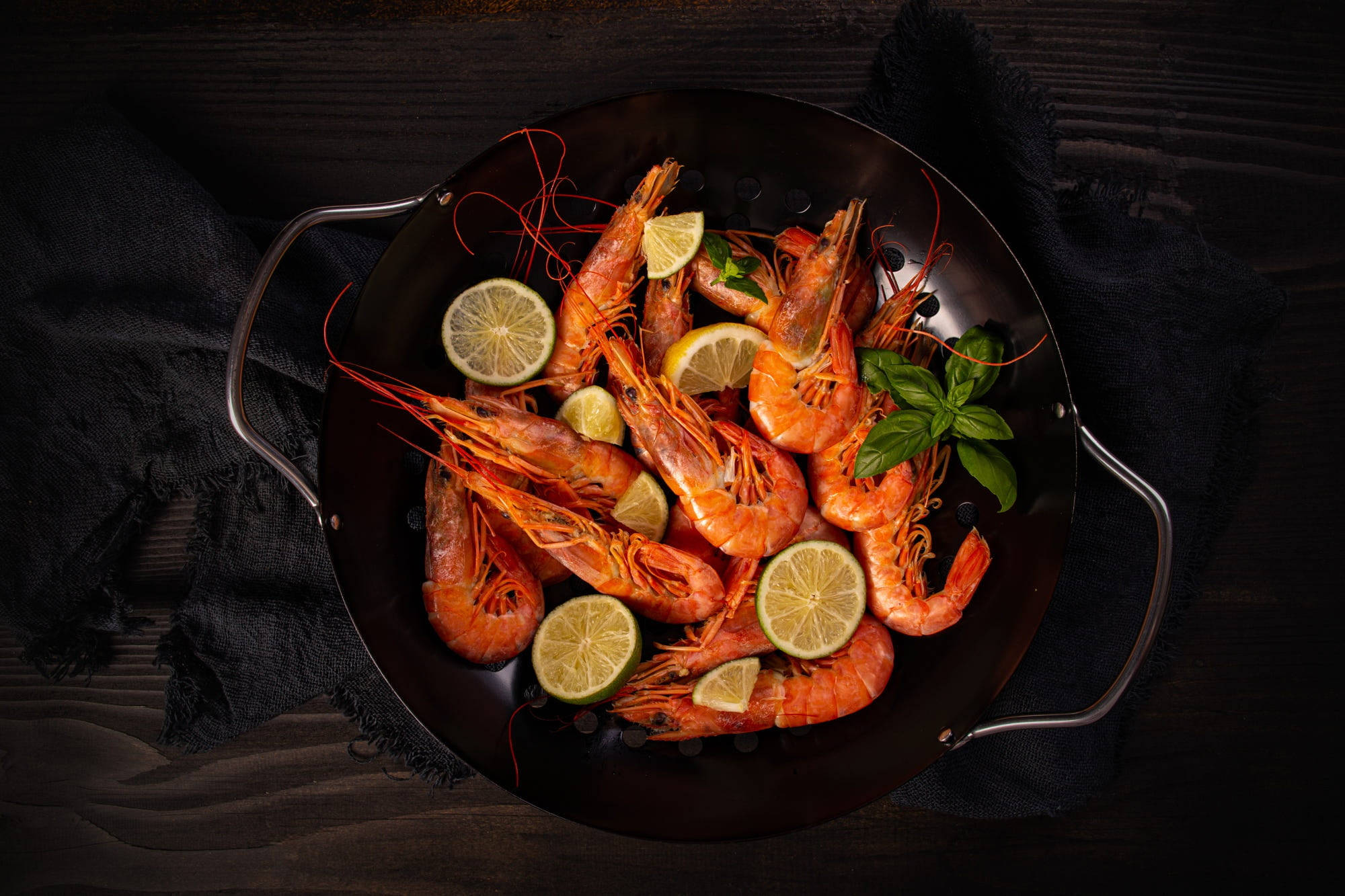 prawns, lemon slices, basil leaves, Full HD Desktop Wallpaper