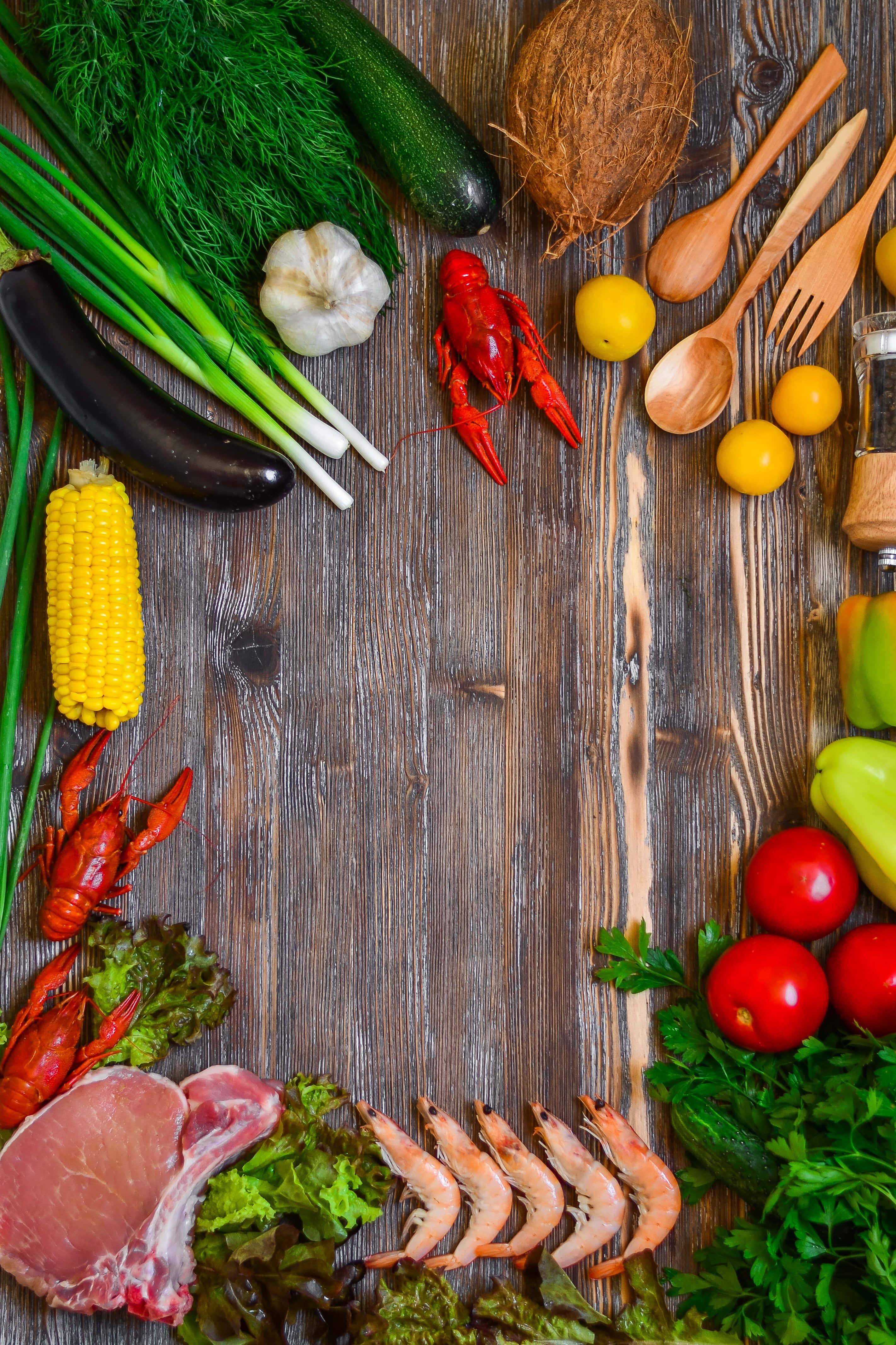 seafood, vegetables, rustic wooden frame, 4K Phone Wallpaper