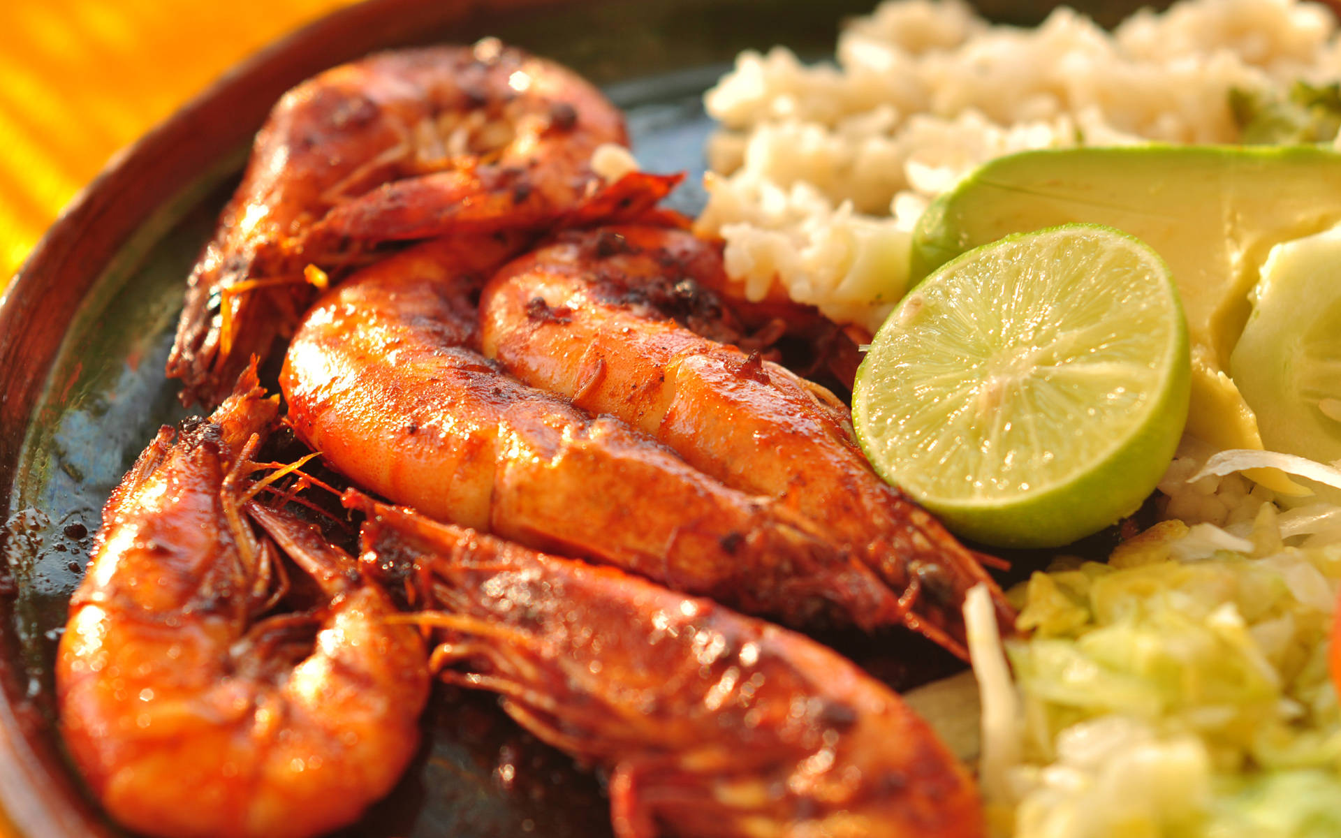 Seafood Roasted Shrimp With Rice, grilled shrimp, lime avocado, Full HD Desktop Wallpaper