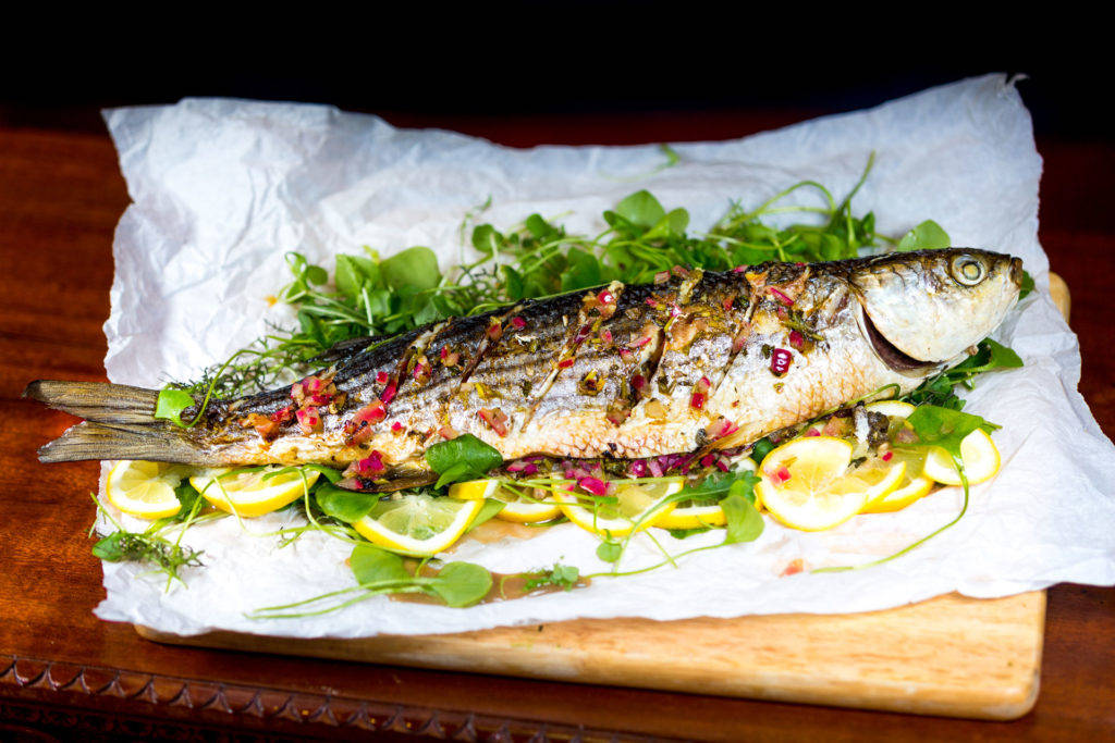Mediterranean Baked Gray Mullet, herbs, pomegranate seeds, SD Desktop Wallpaper