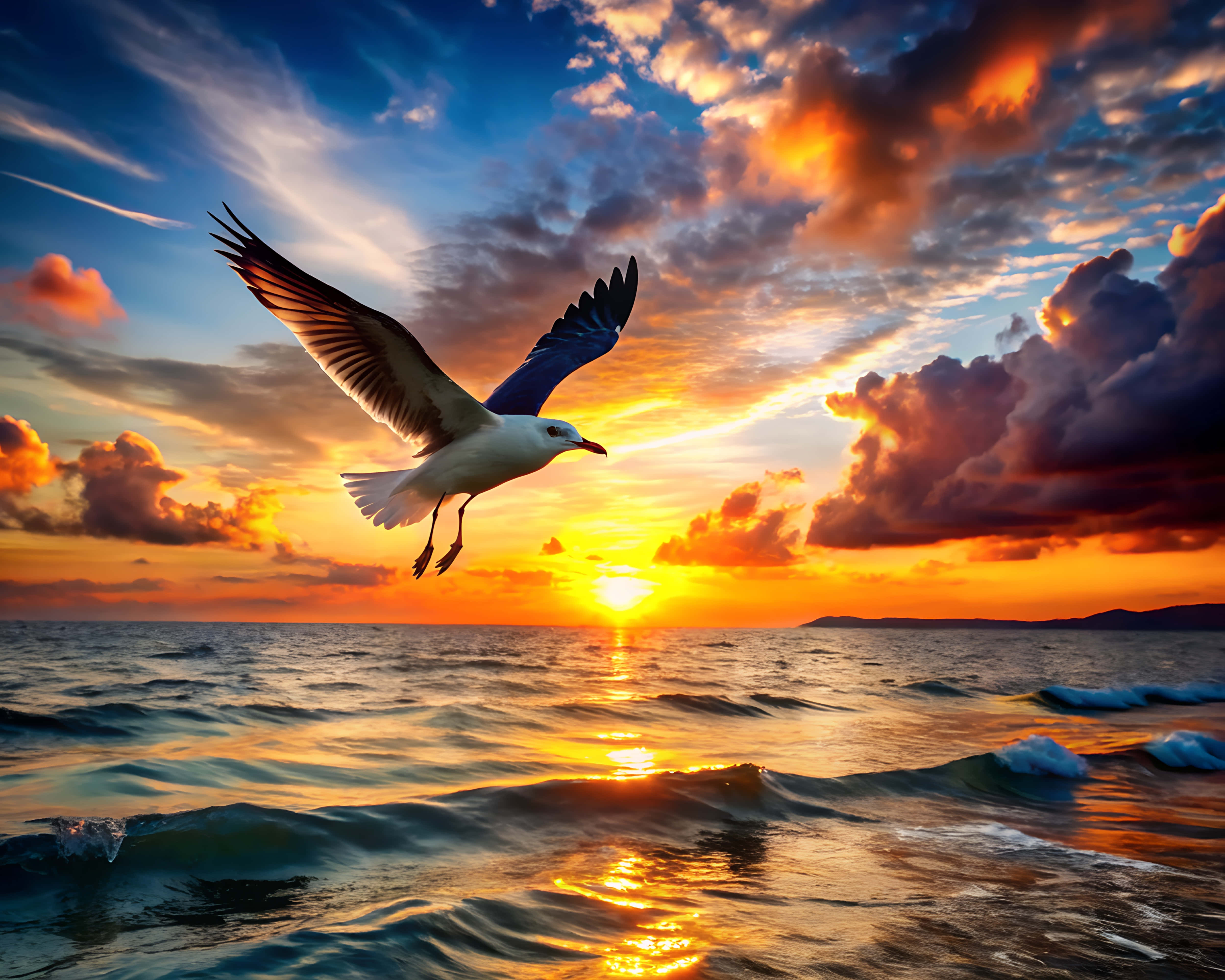 seagull, sunset, glowing ocean waves, 4K Desktop Wallpaper