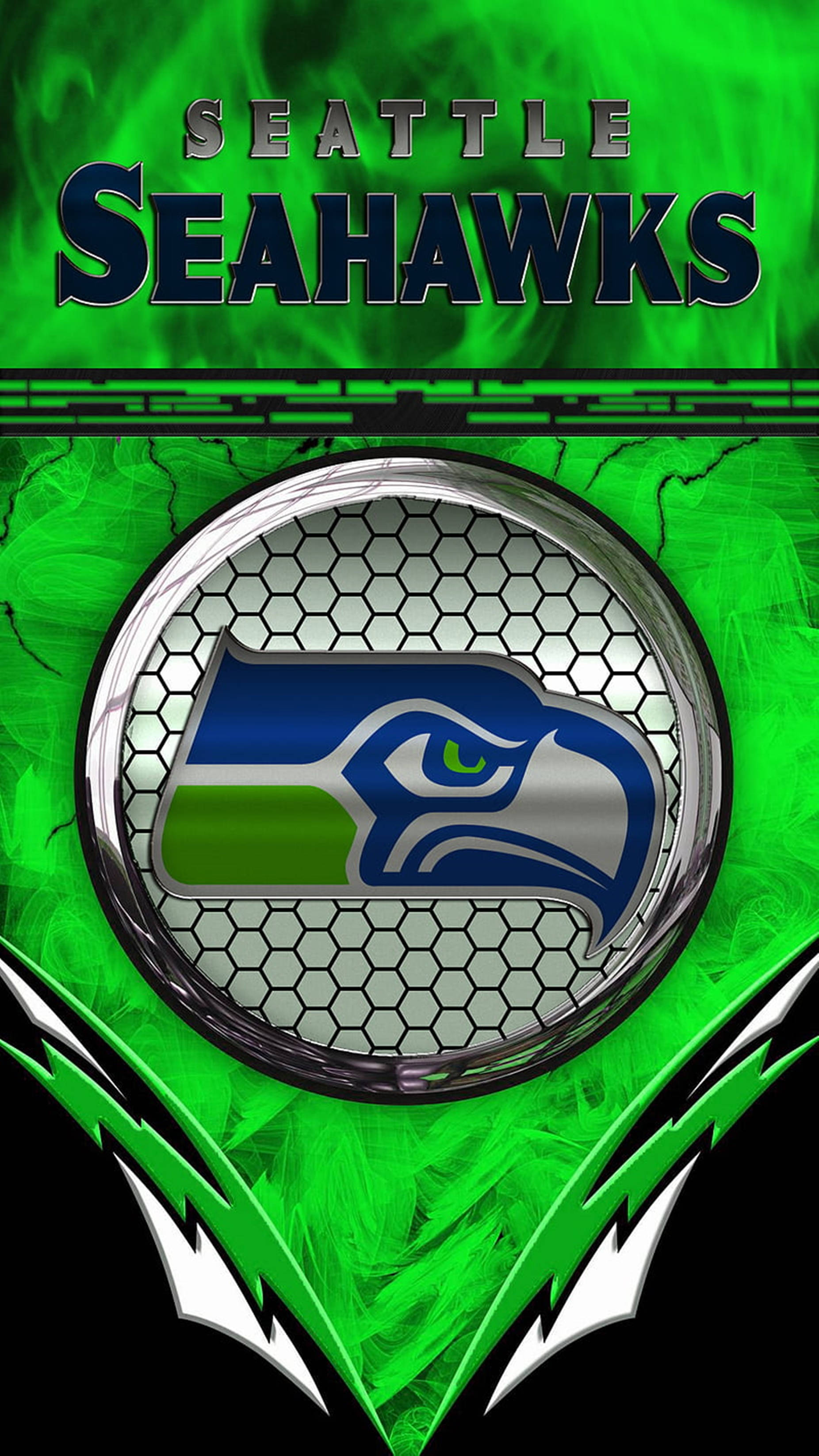 Seahawks, metallic hexagonal frame, vibrant green crackled background, 2K Phone Wallpaper