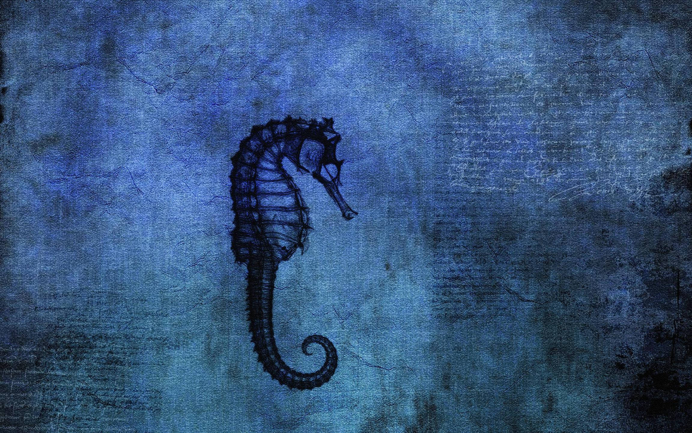 eerie seahorse illustration, dark seahorse silhouette, textured blue underwater backdrop, Full HD Desktop Wallpaper