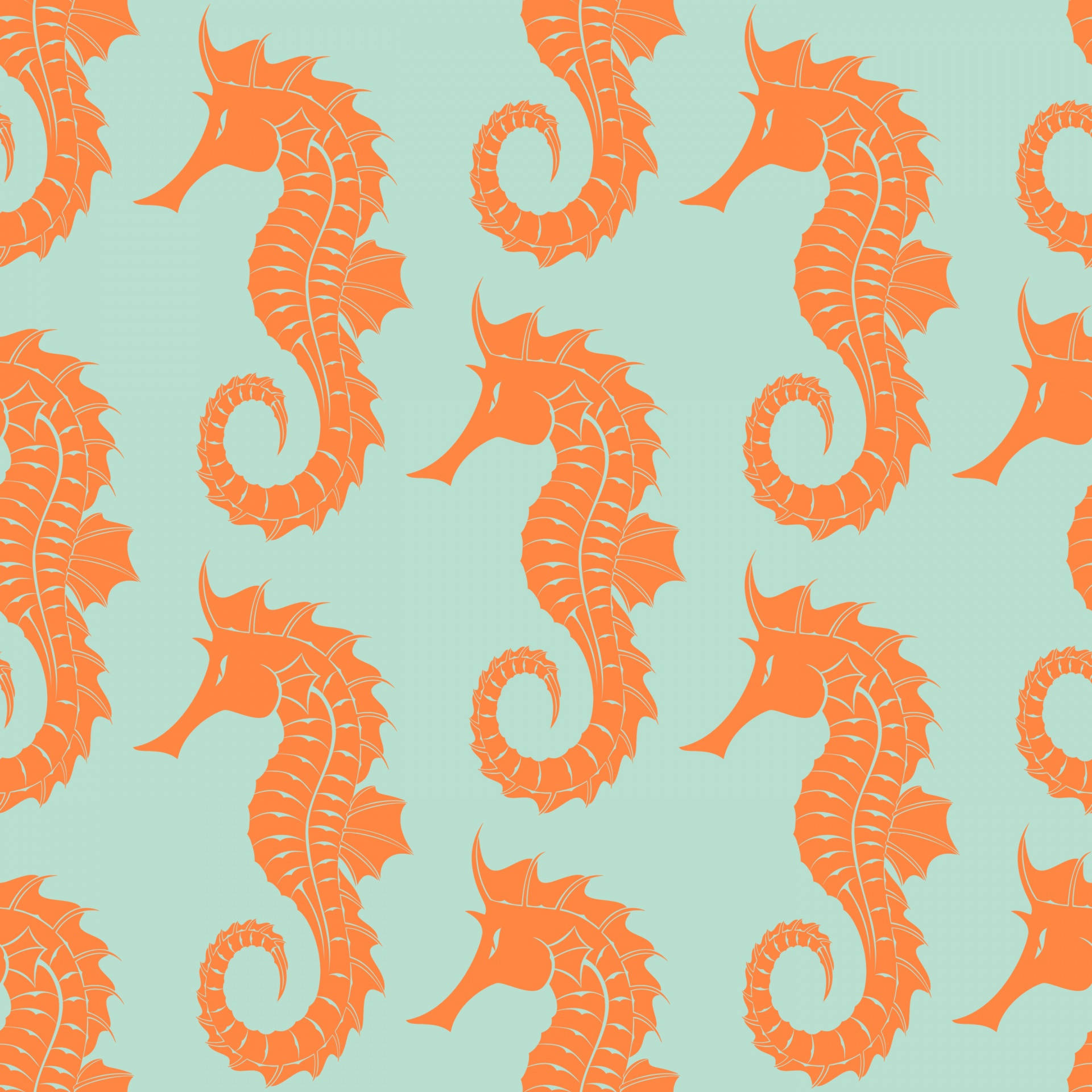orange seahorse, mint green background, seamless pattern, Full HD Desktop Wallpaper