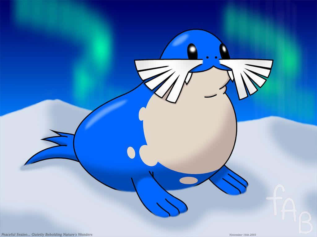 Sealeo, blue cartoon seal, white whiskers, SD Desktop Wallpaper