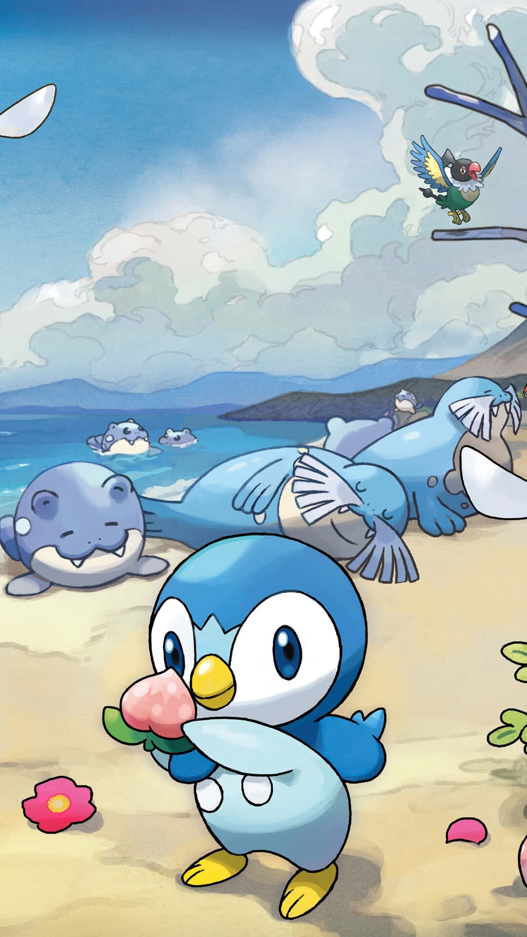 Sealeo, blue penguin, pink flower, Full HD Phone Wallpaper