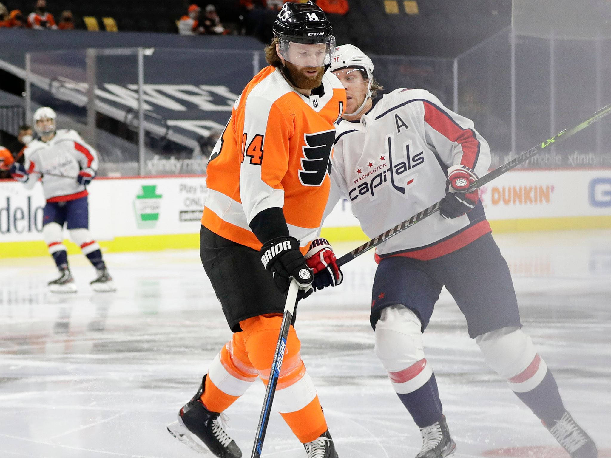 Sean Couturier, orange and white jerseys, puck, Full HD Desktop Wallpaper