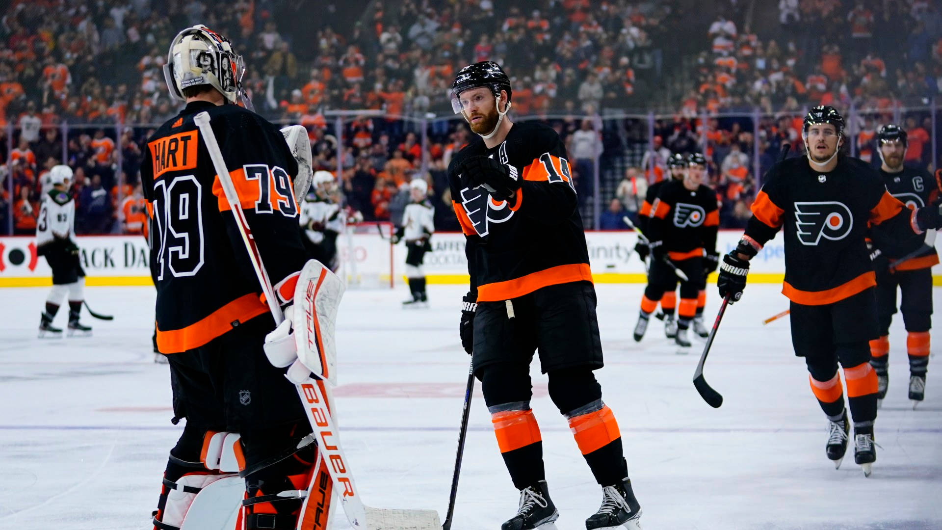 Sean Couturier, black and orange jerseys, ice, Full HD Desktop Wallpaper